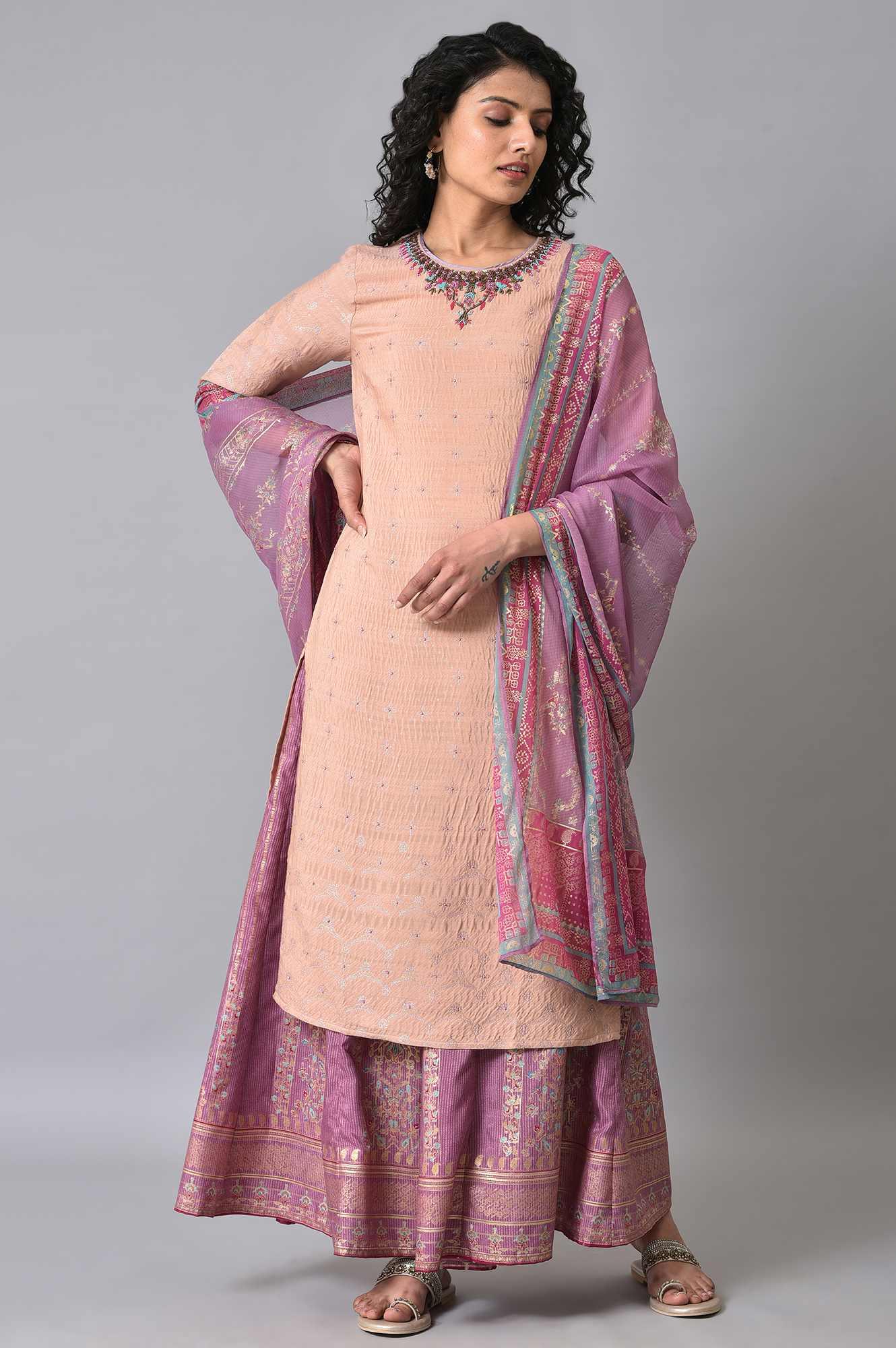 Peach Embroidered kurta With Sharara Set - Image 9