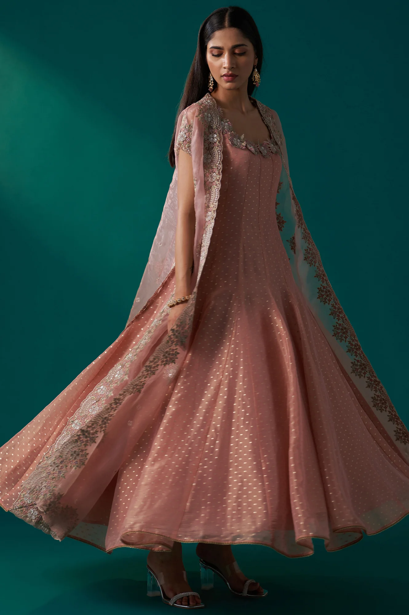Peach Heavy Embroidered Tissue Cape and Anarkali Dress Set - Image 2