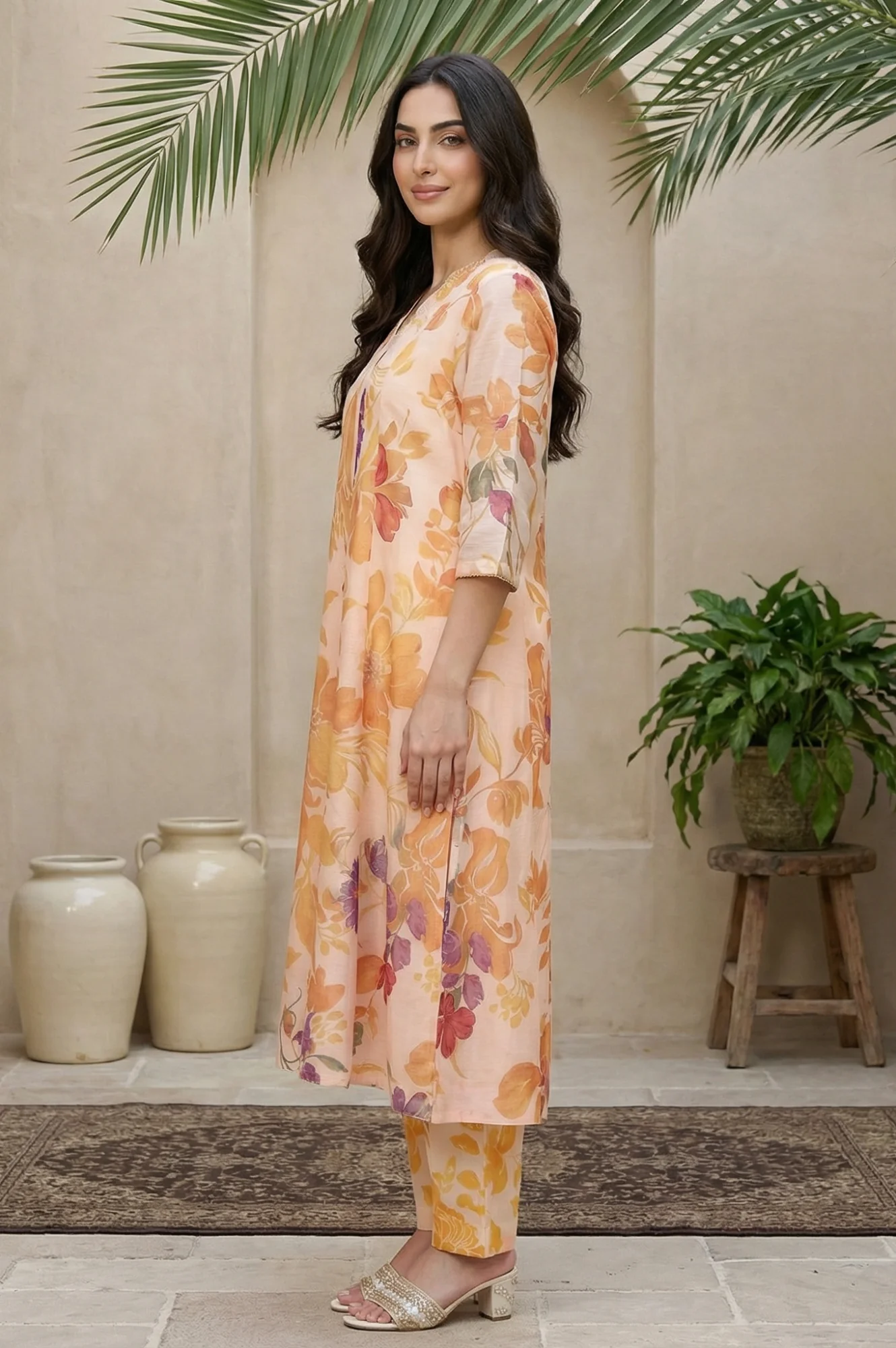 Peach Floral Printed A-Line Kurta with Straight Pant and Dupatta Set - Image 3