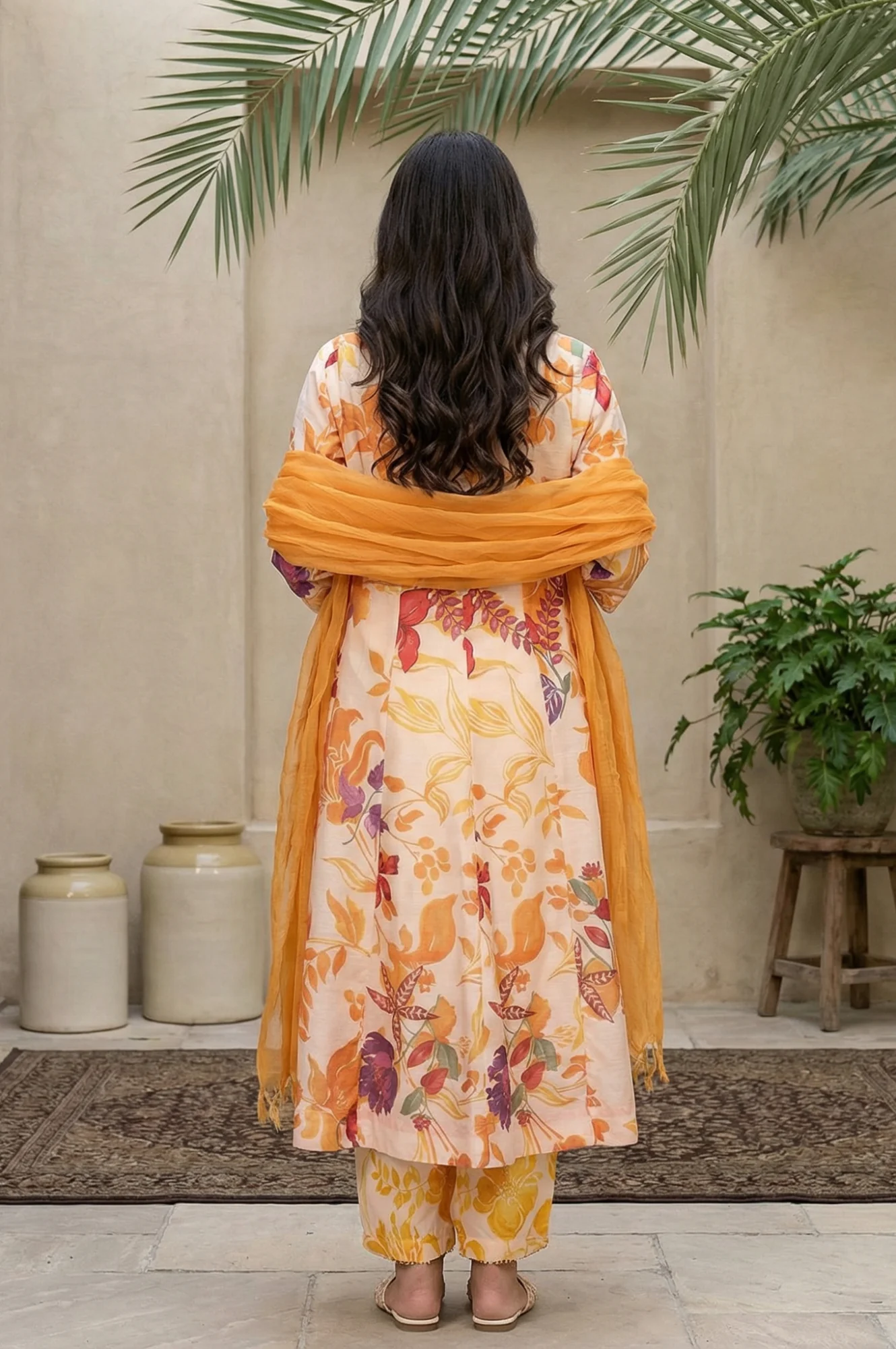 Peach Floral Printed A-Line Kurta with Straight Pant and Dupatta Set - Image 4