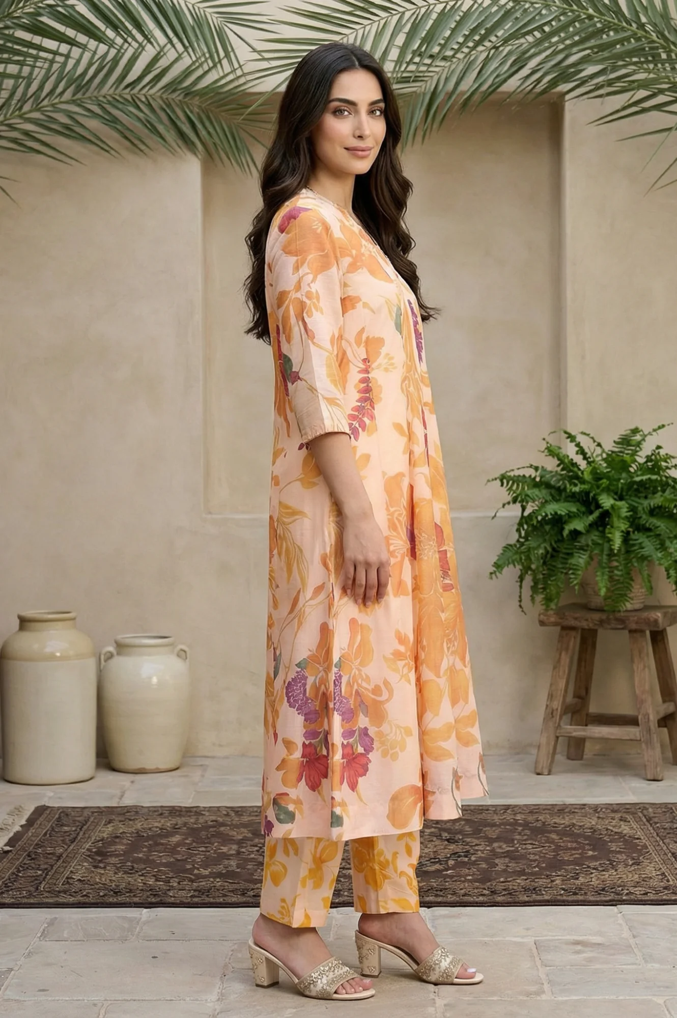 Peach Floral Printed A-Line Kurta with Straight Pant and Dupatta Set - Image 5