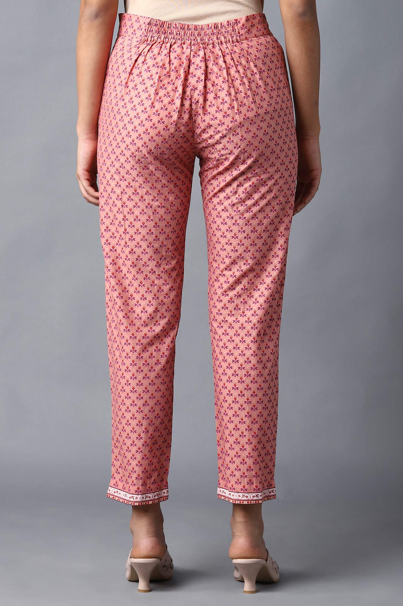 Peach Floral Printed Cotton Slim Pants - Image 2