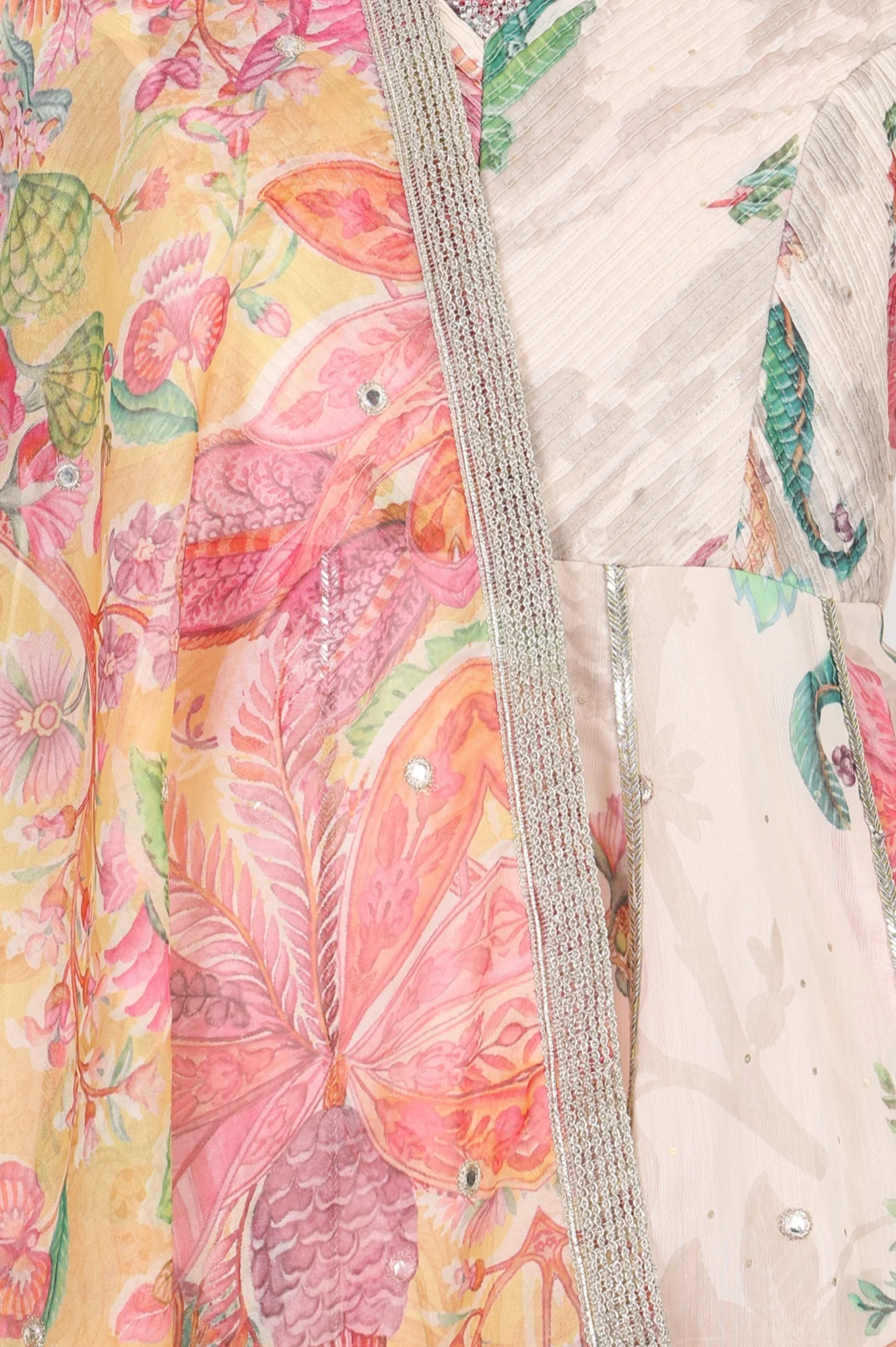 Peach Floral Printed Embroidered Chanderi Anarkali Kurta with Churidar and Dupatta Set - Image 2