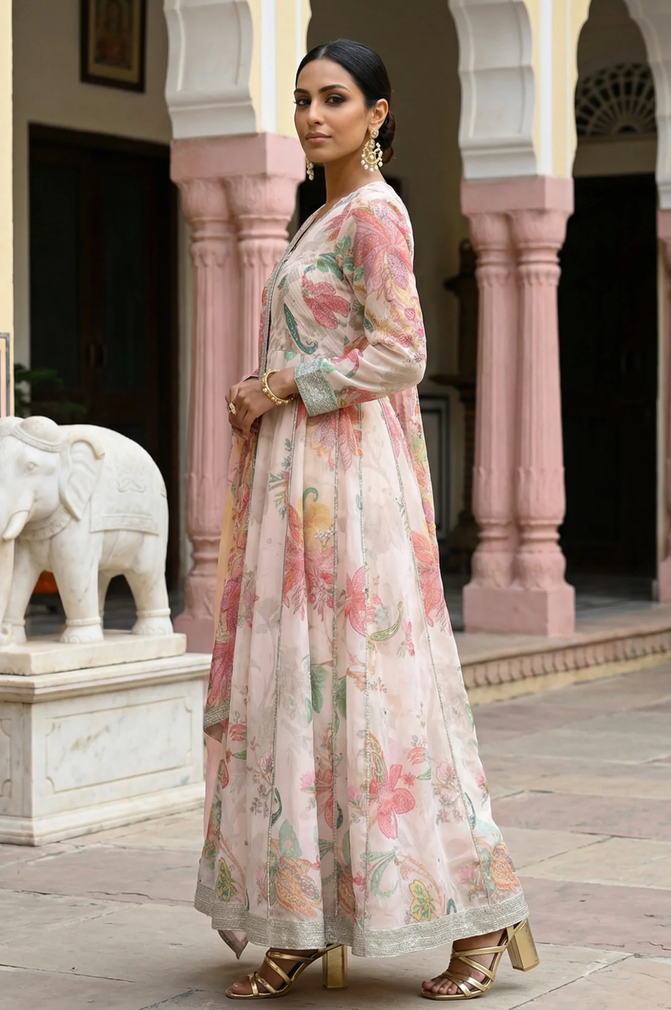 Peach Floral Printed Embroidered Chanderi Anarkali Kurta with Churidar and Dupatta Set - Image 4