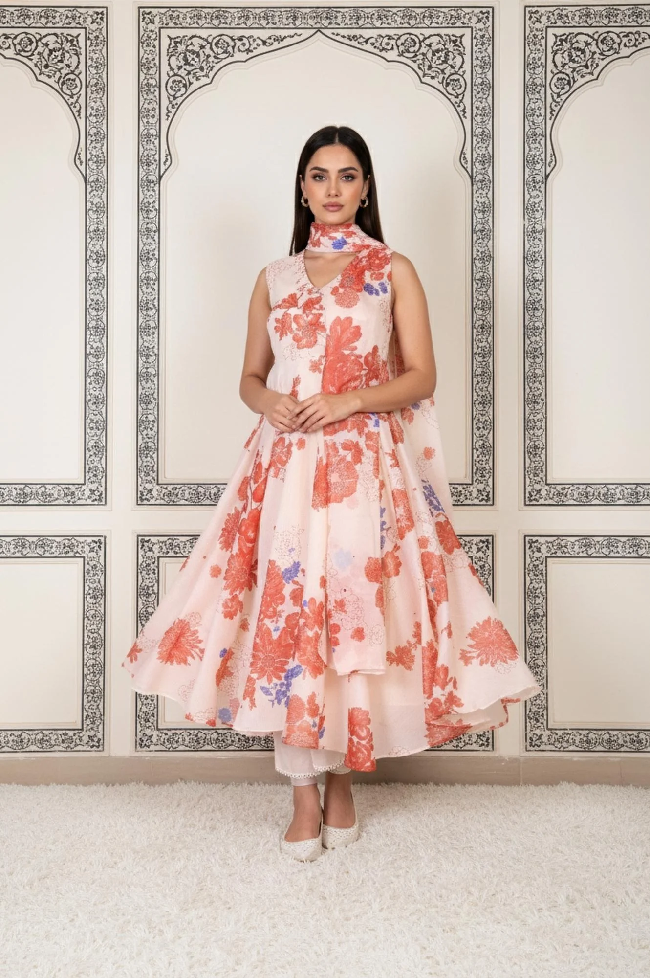 Peach Floral Printed Flared Chanderi Kurta with Straight Pant and Dupatta Set - Image 2