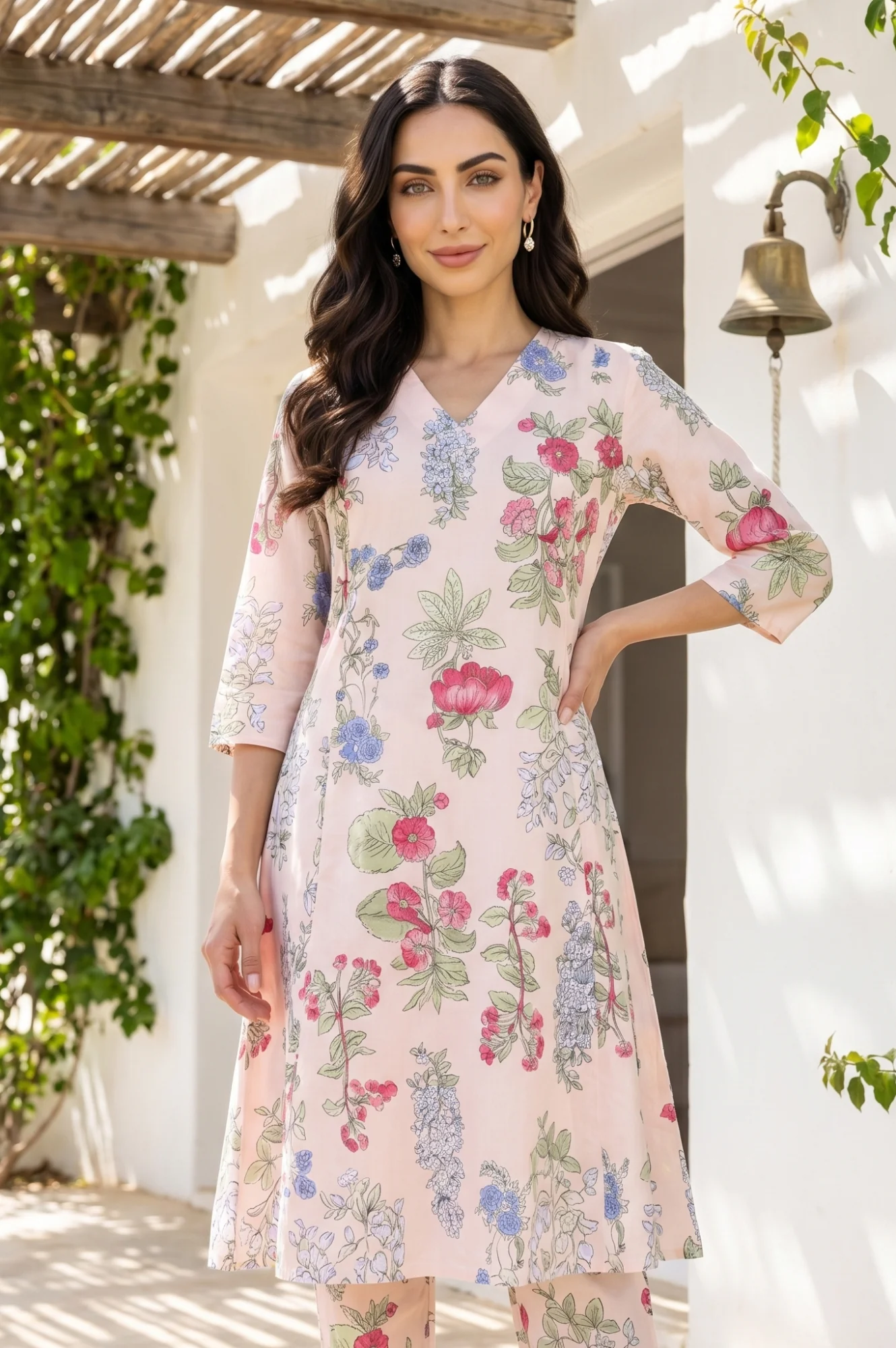 Peach Floral Printed Pure Cotton A-line Kurta with Pants Co-ord Set - Image 2
