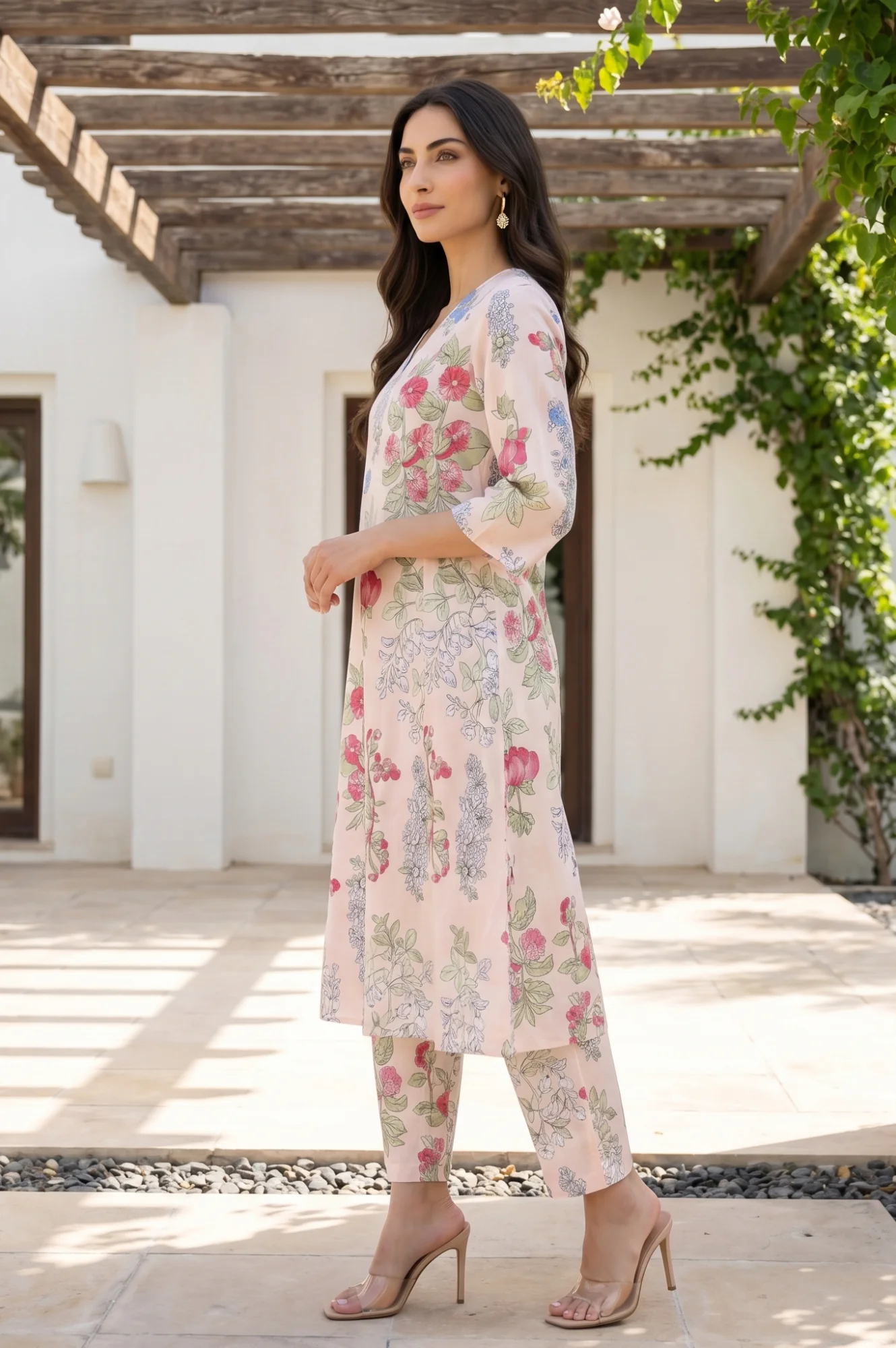 Peach Floral Printed Pure Cotton A-line Kurta with Pants Co-ord Set - Image 4