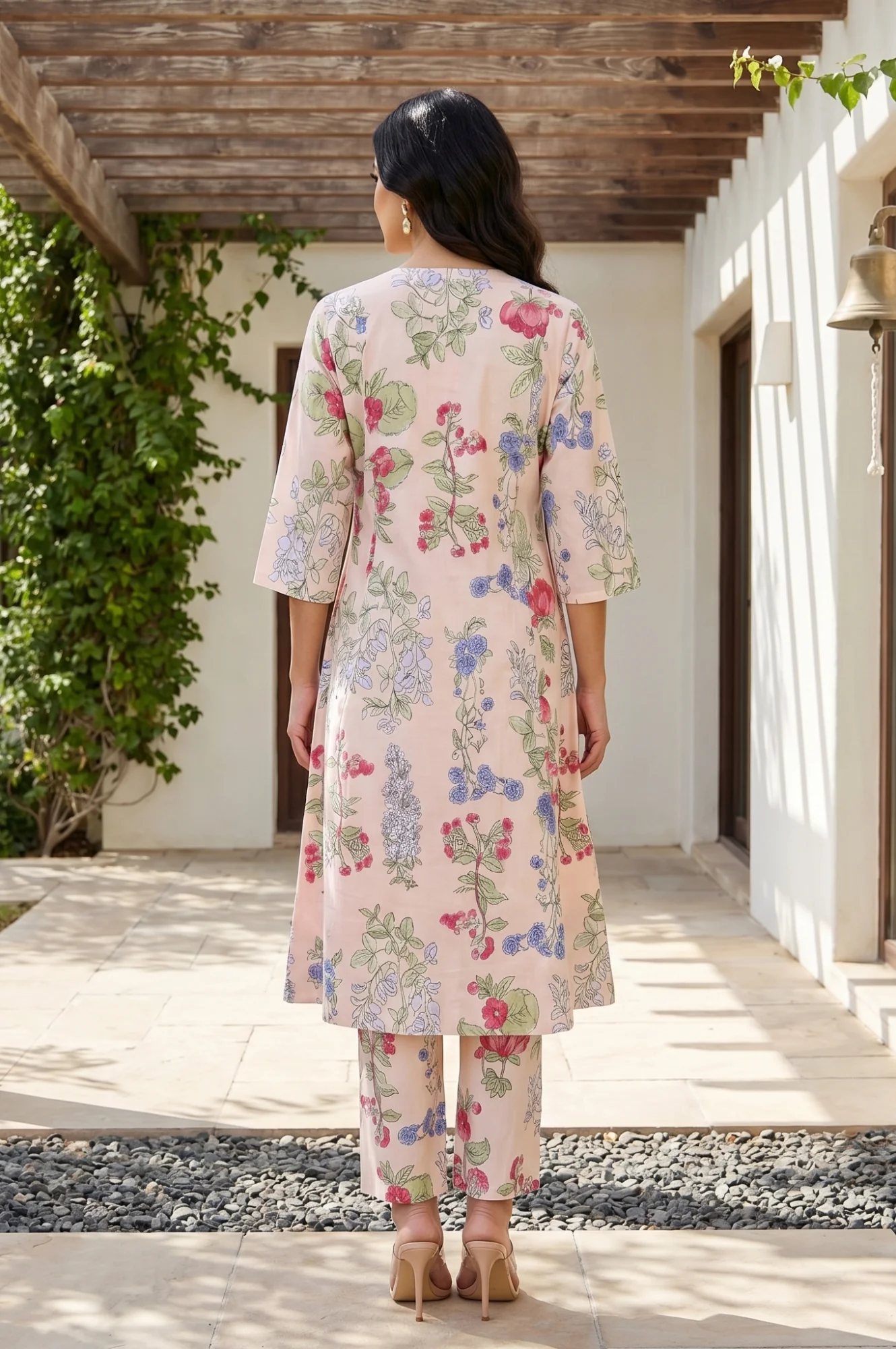 Peach Floral Printed Pure Cotton A-line Kurta with Pants Co-ord Set - Image 5