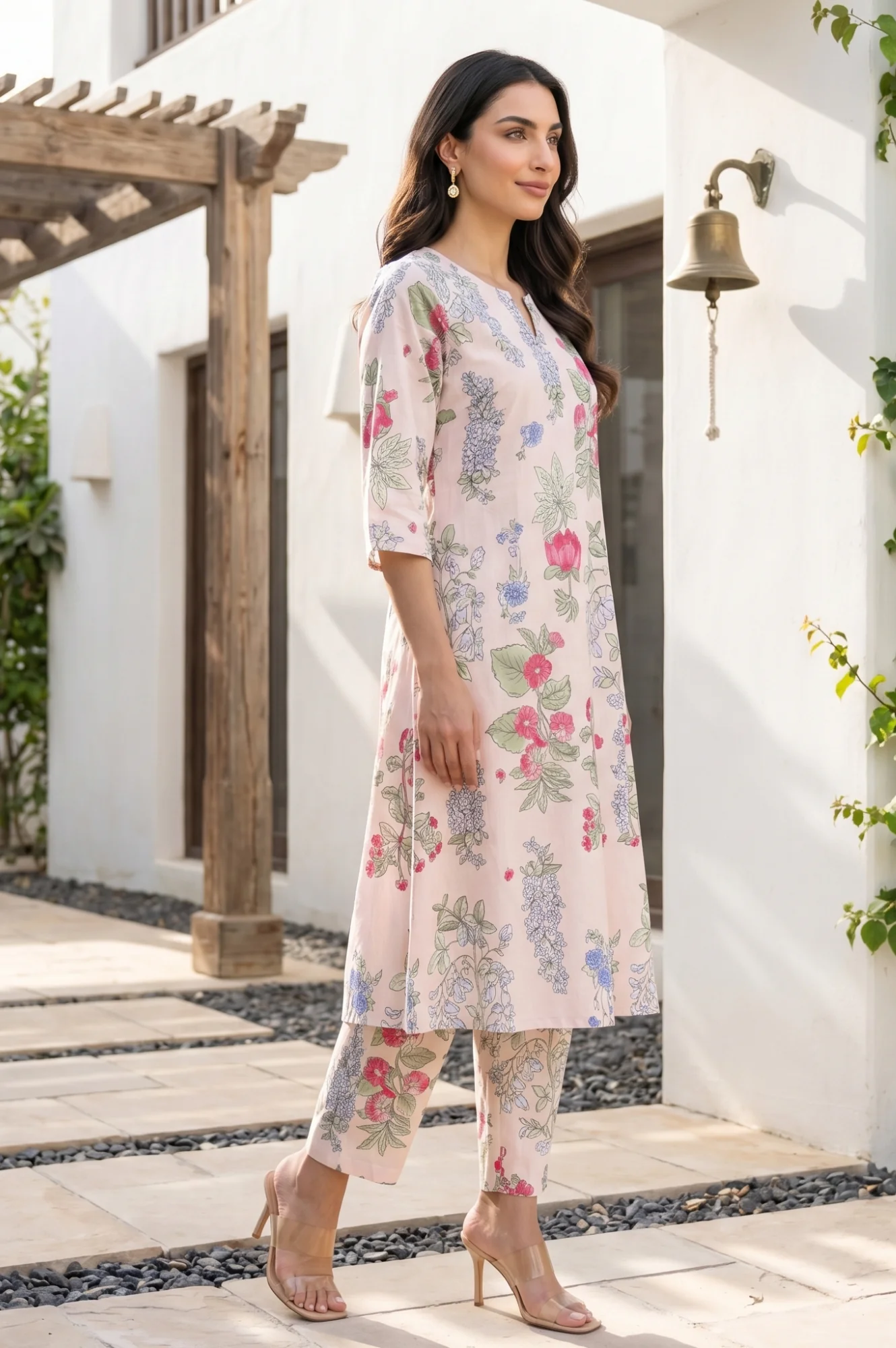 Peach Floral Printed Pure Cotton A-line Kurta with Pants Co-ord Set - Image 6