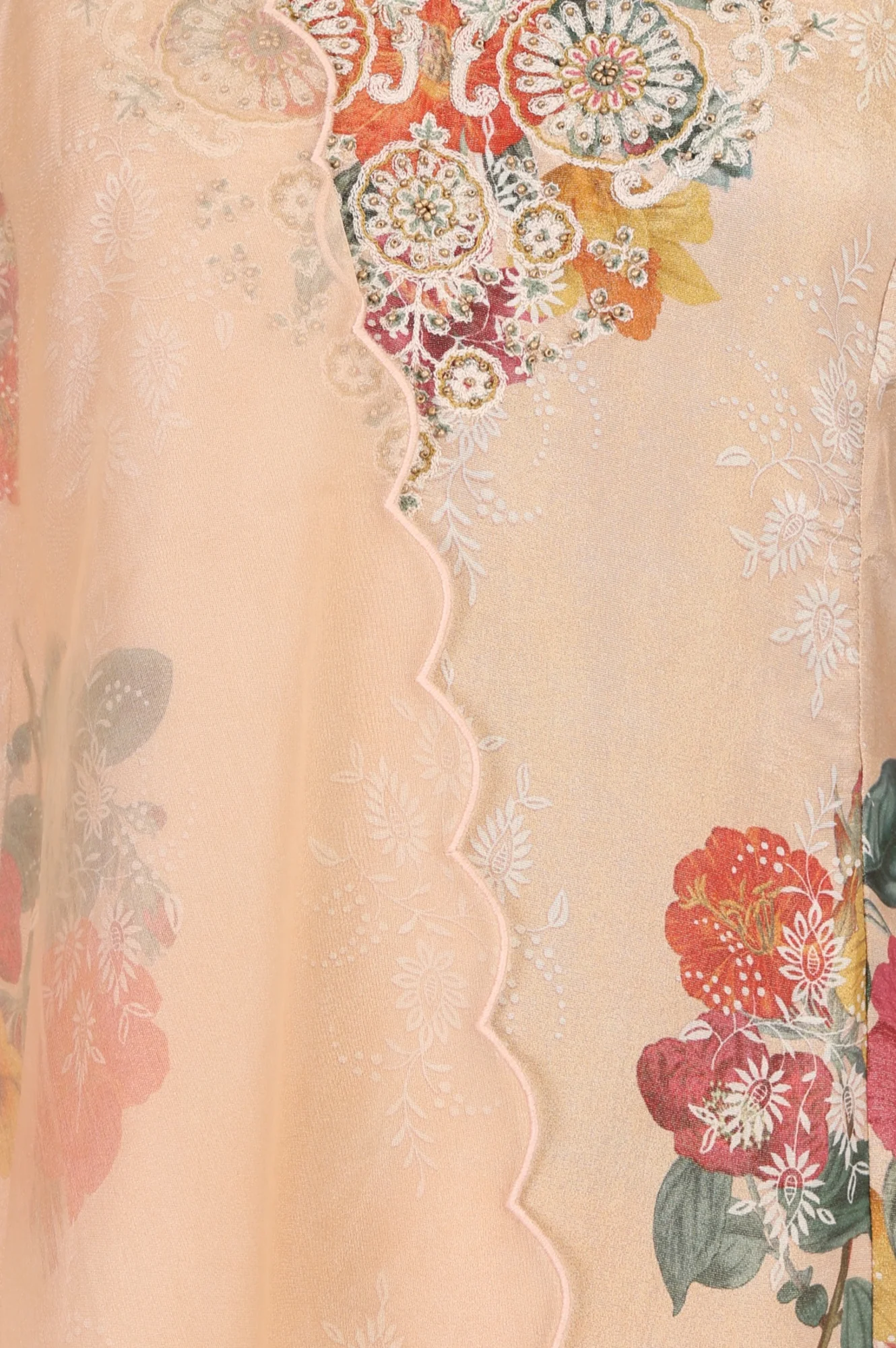 Peach Floral Printed Tissue Straight Kurta with Straight Pants and Dupatta Set - Image 2