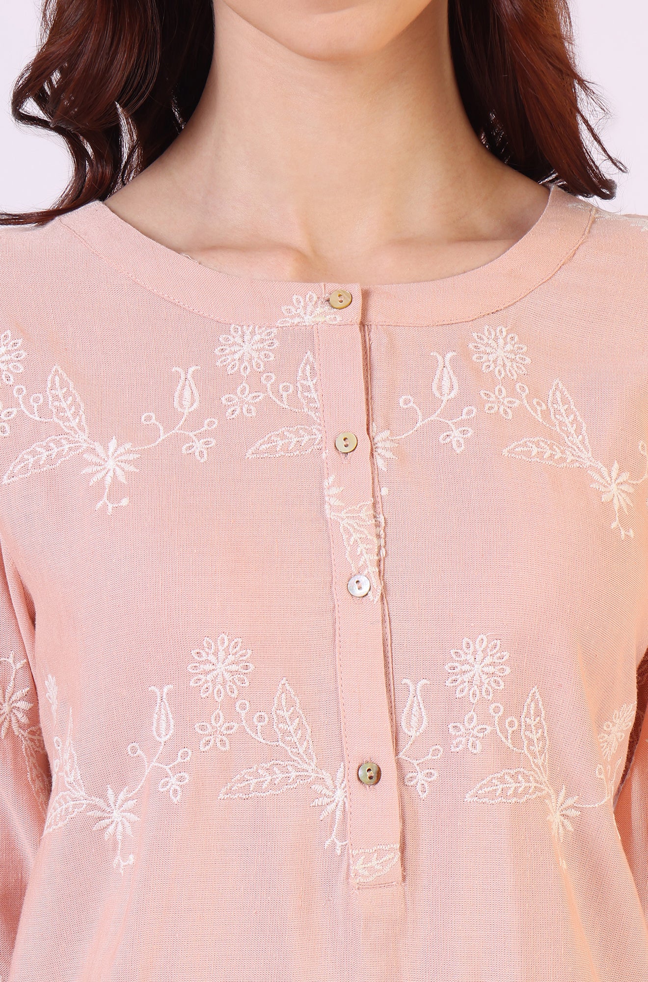 Peach Floral Schiffli Embroidered Rayon Flax Western Top - Image 4