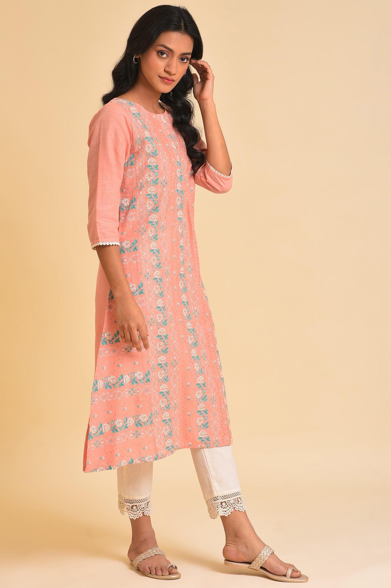 Peach Glitter Printed A-Line kurta - Image 4