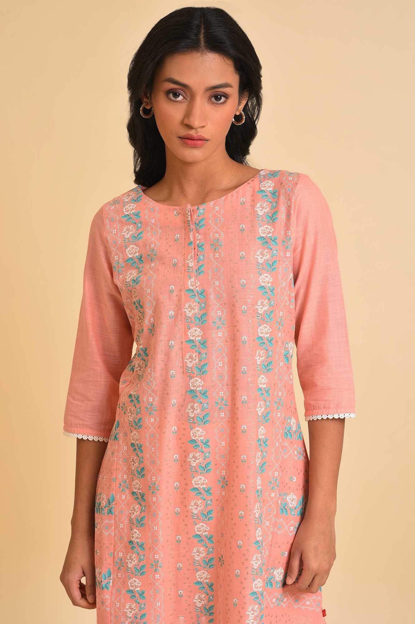 Peach Glitter Printed A-Line kurta - Image 5