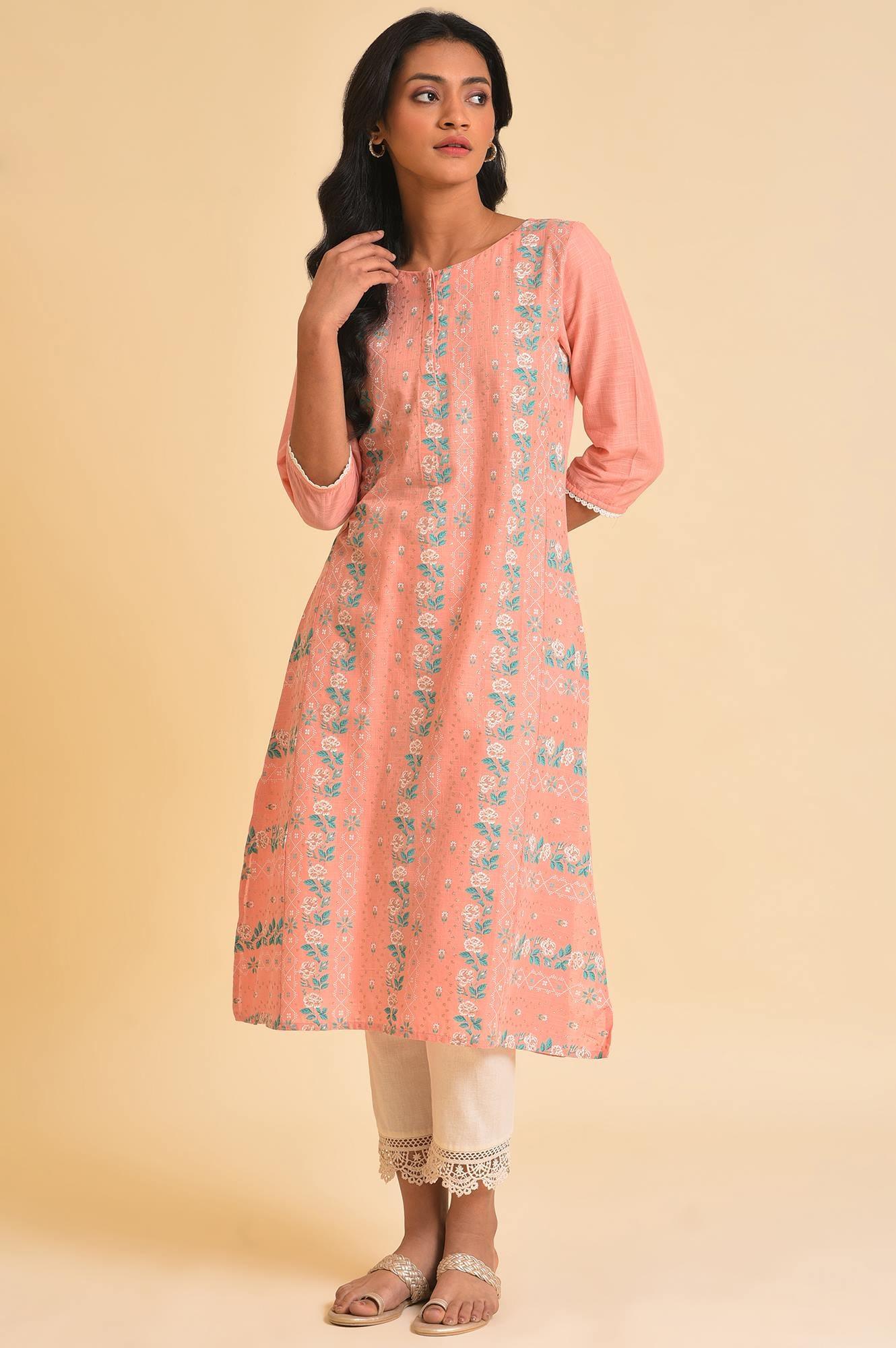 Peach Glitter Printed A-Line kurta - Image 6