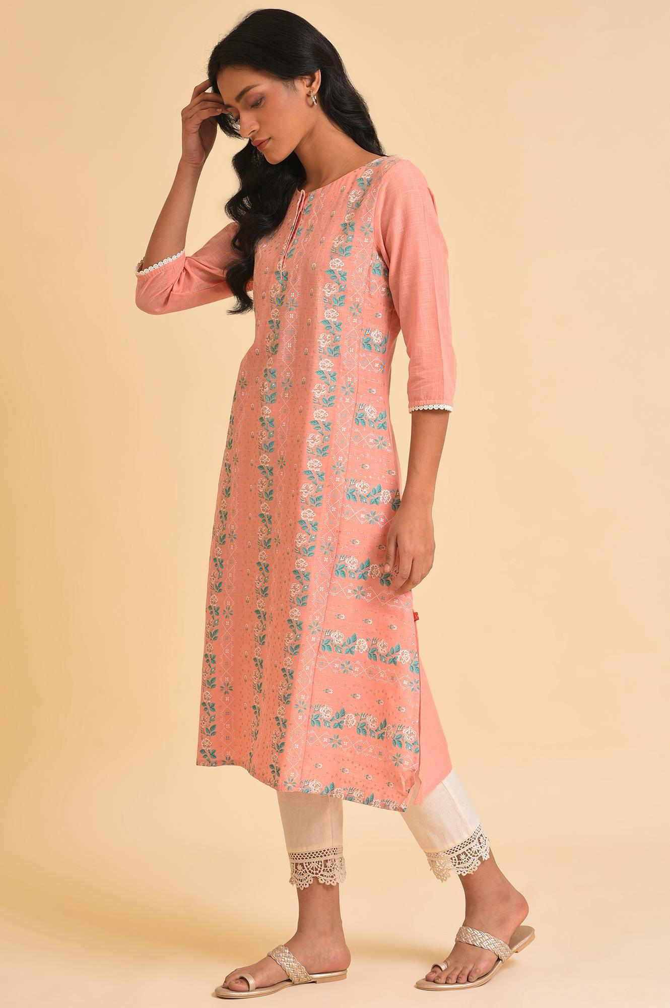 Peach Glitter Printed A-Line kurta & Pants Set - Image 3