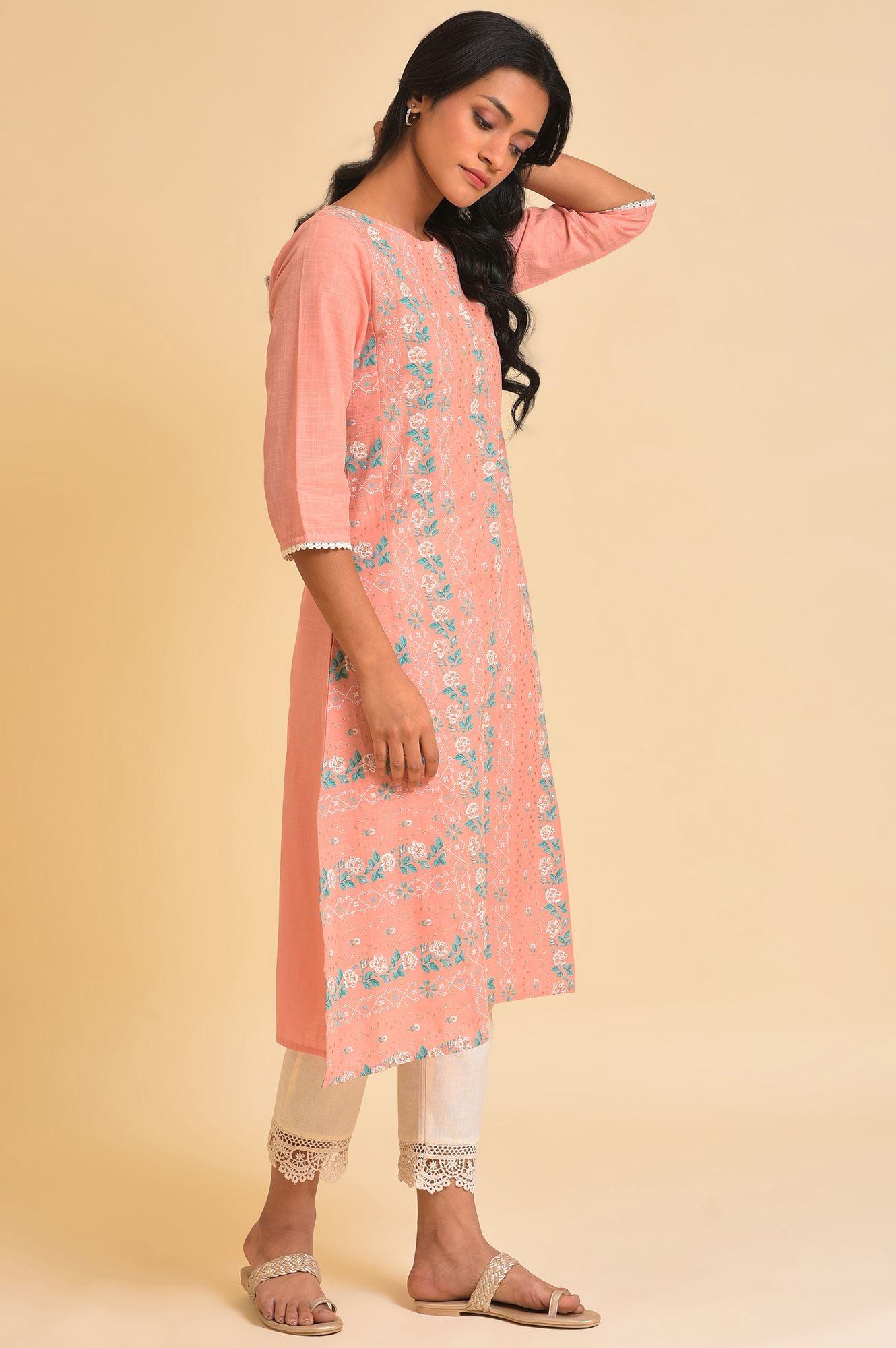 Peach Glitter Printed A-Line kurta & Pants Set - Image 4