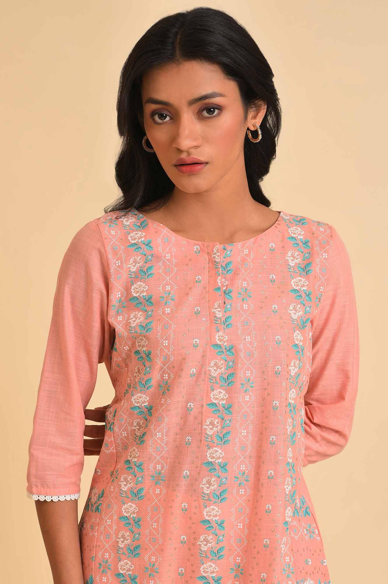 Peach Glitter Printed A-Line kurta & Pants Set - Image 5