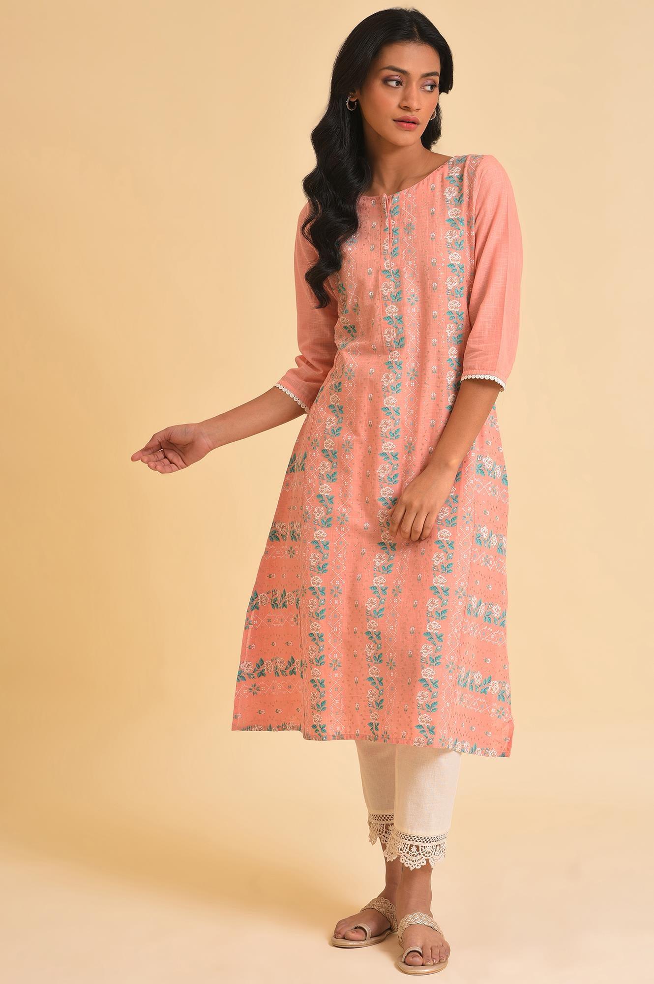 Peach Glitter Printed A-Line kurta & Pants Set - Image 9