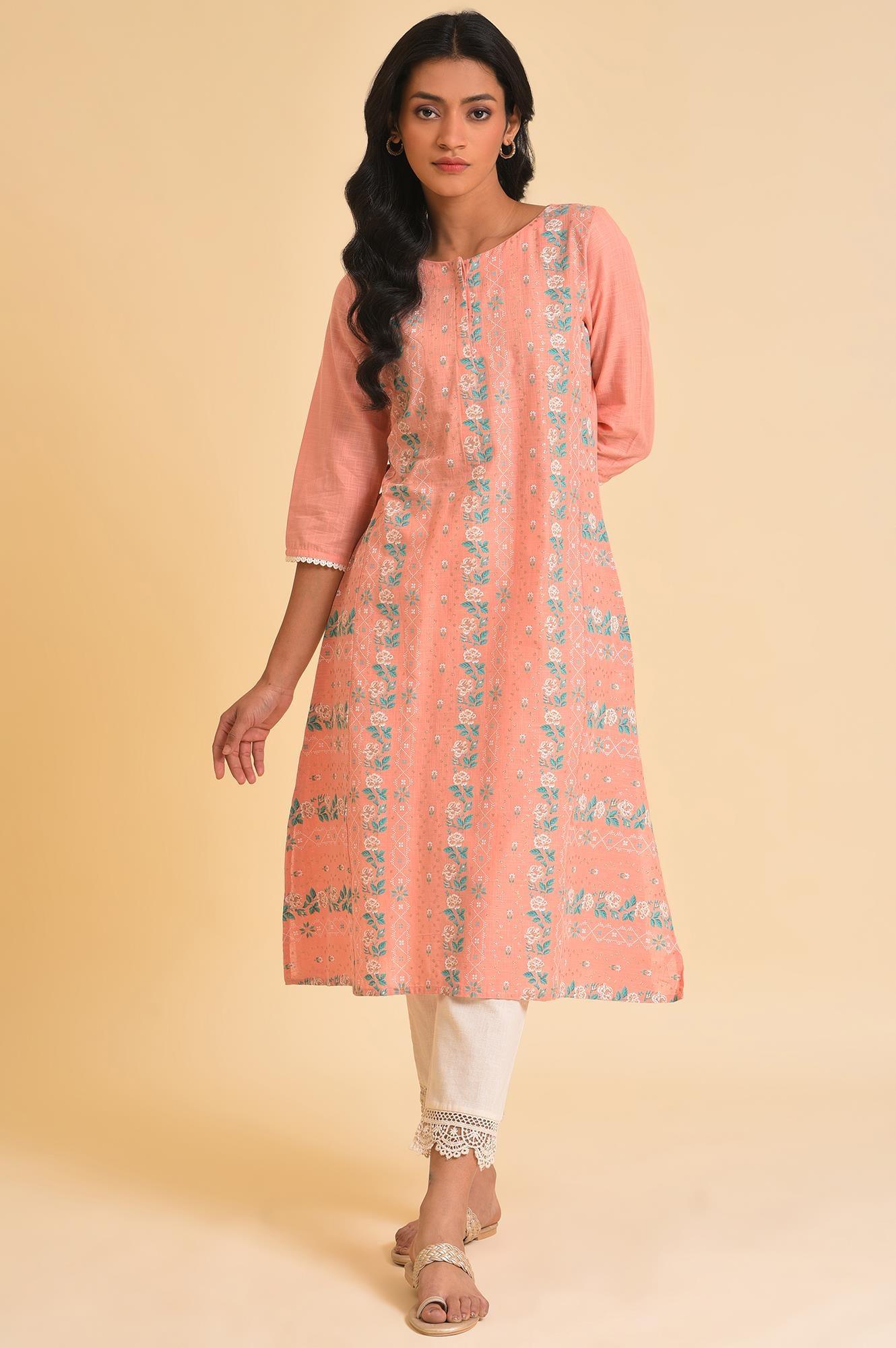 Peach Glitter Printed A-Line Plus Size kurta