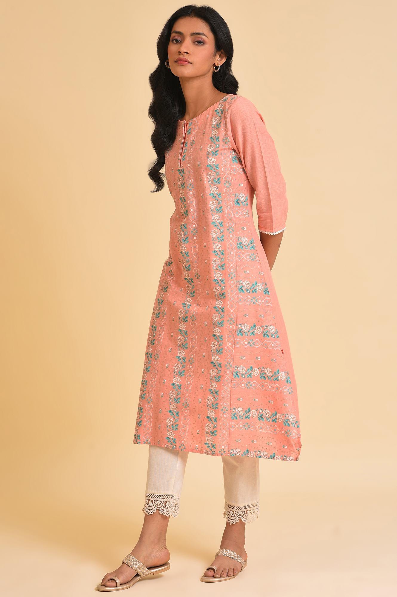 Peach Glitter Printed A-Line Plus Size kurta - Image 3