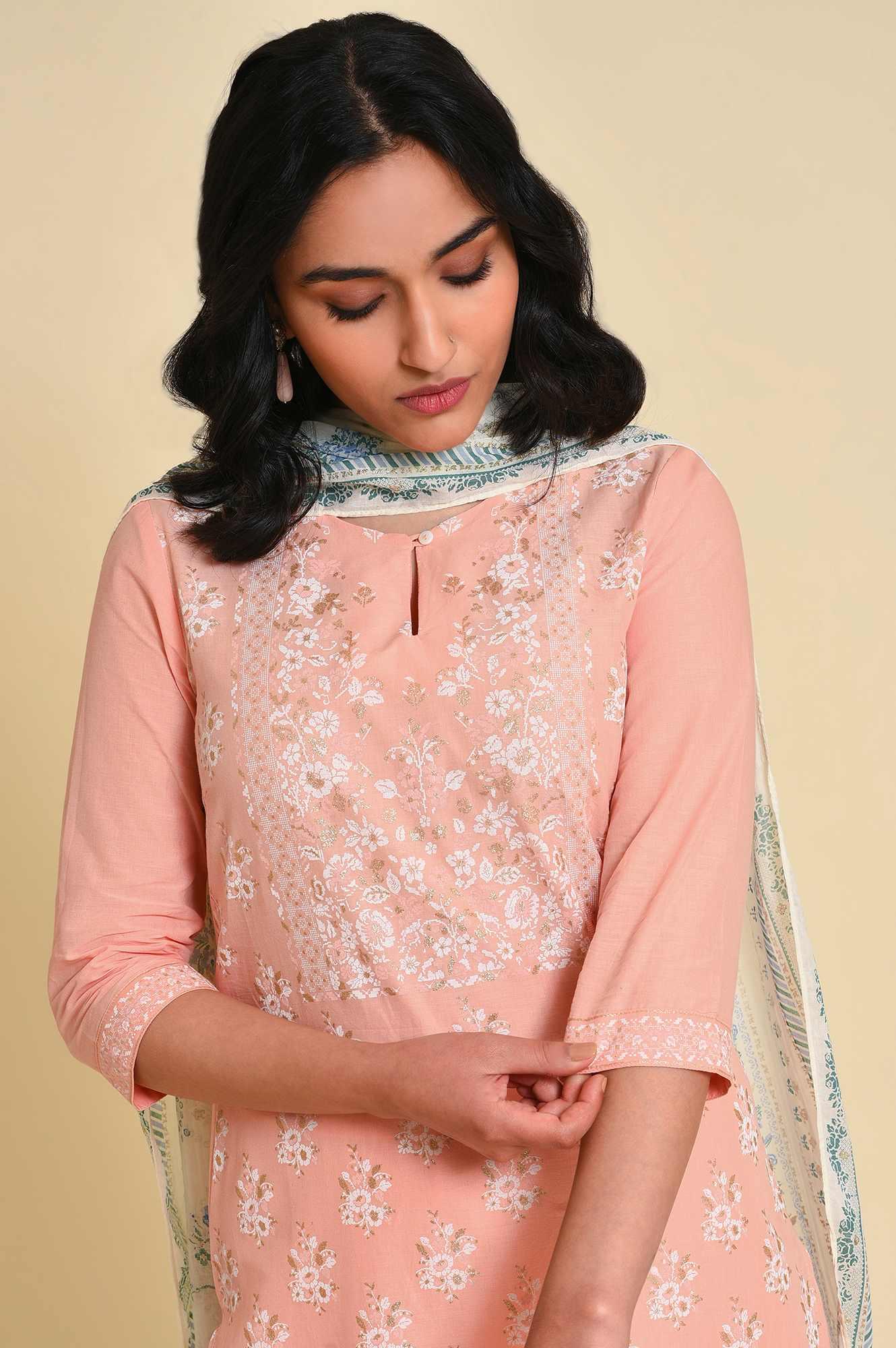 Peach Glitter Printed kurta Set - Image 5