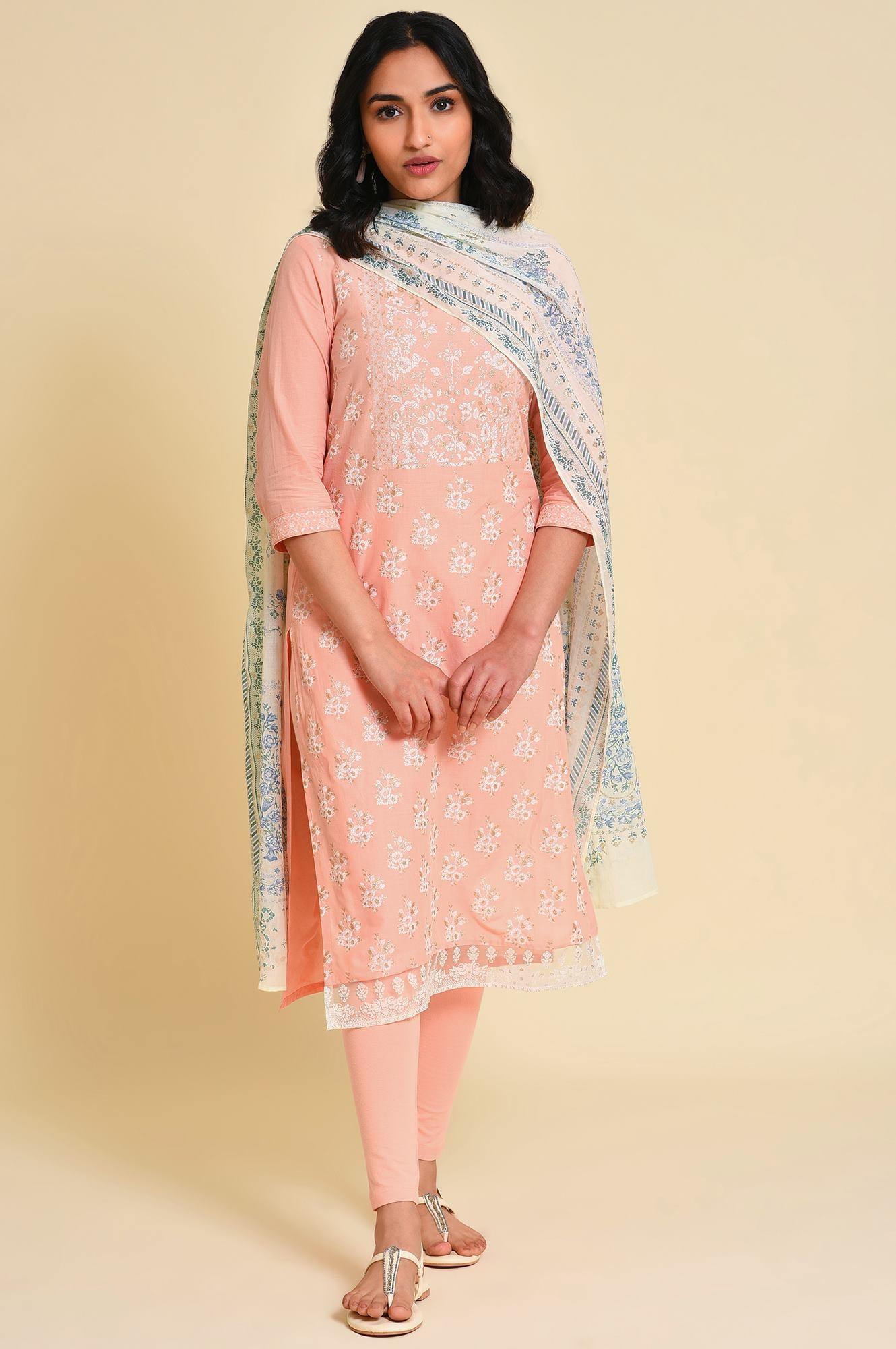 Peach Glitter Printed kurta Set - Image 9
