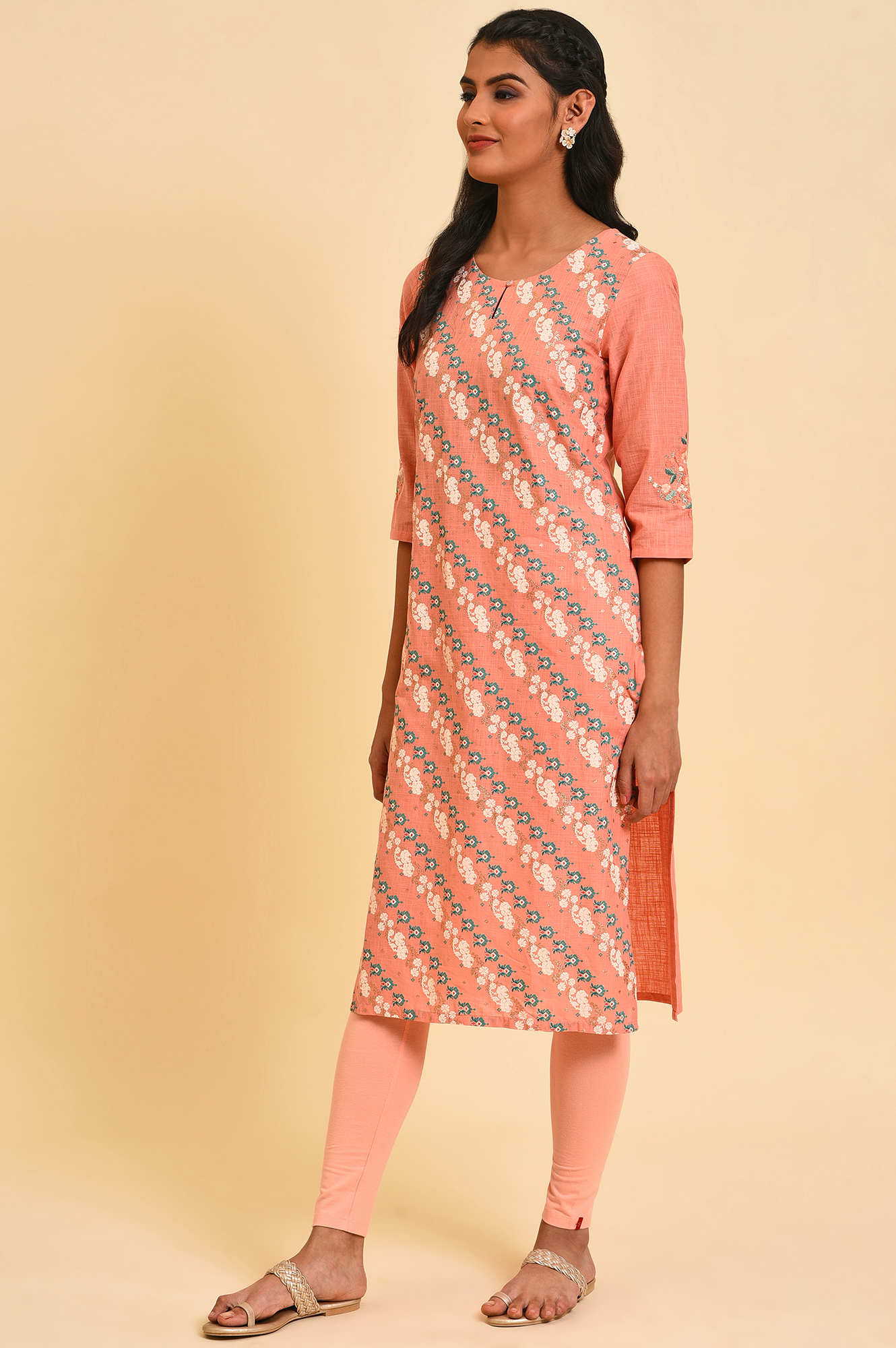 Peach Glitter Printed Pure Cotton Straight Kurta and Leggings Set - Image 3