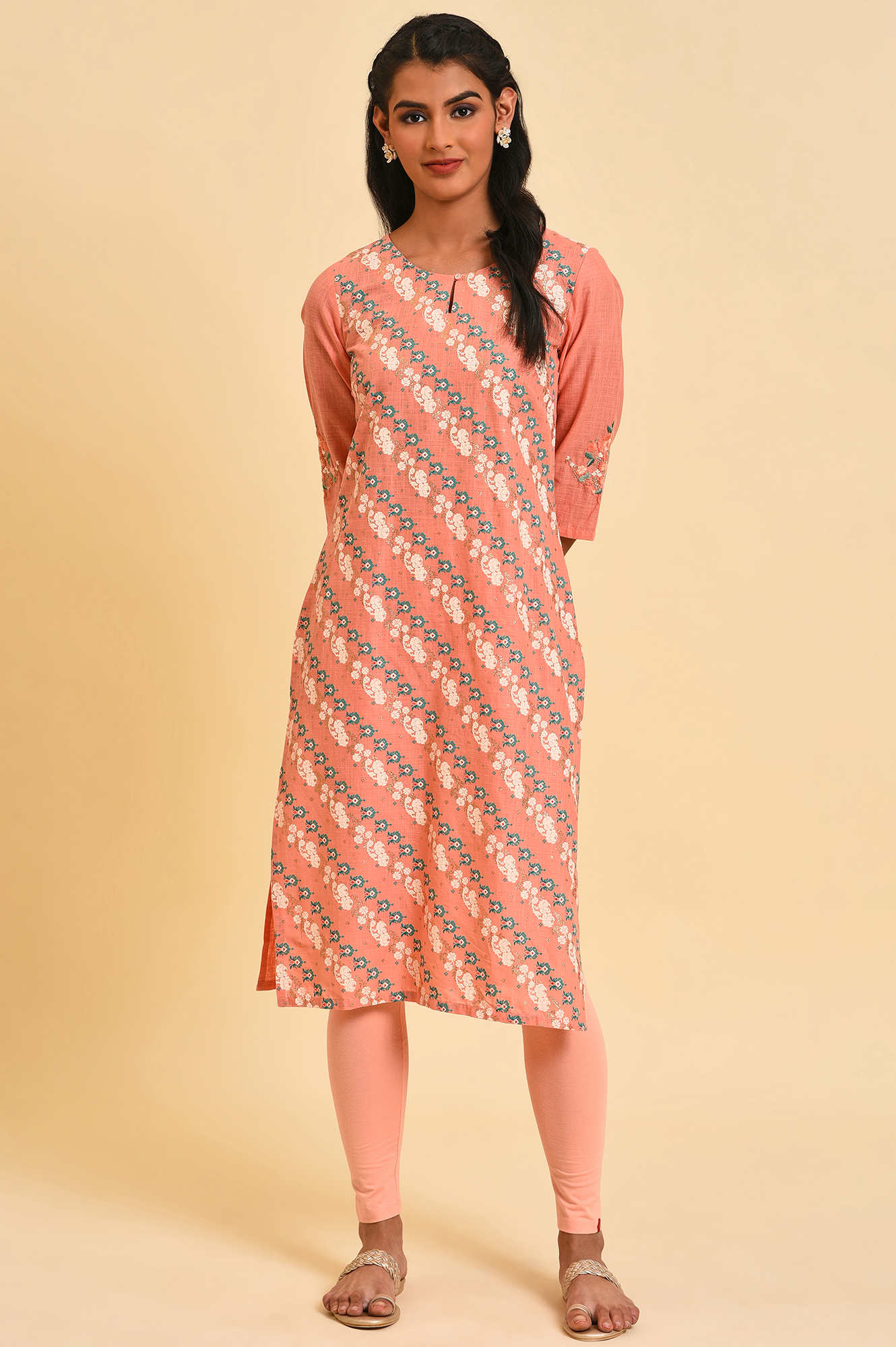 Peach Glitter Printed Pure Cotton Straight Kurta and Leggings Set - Image 5