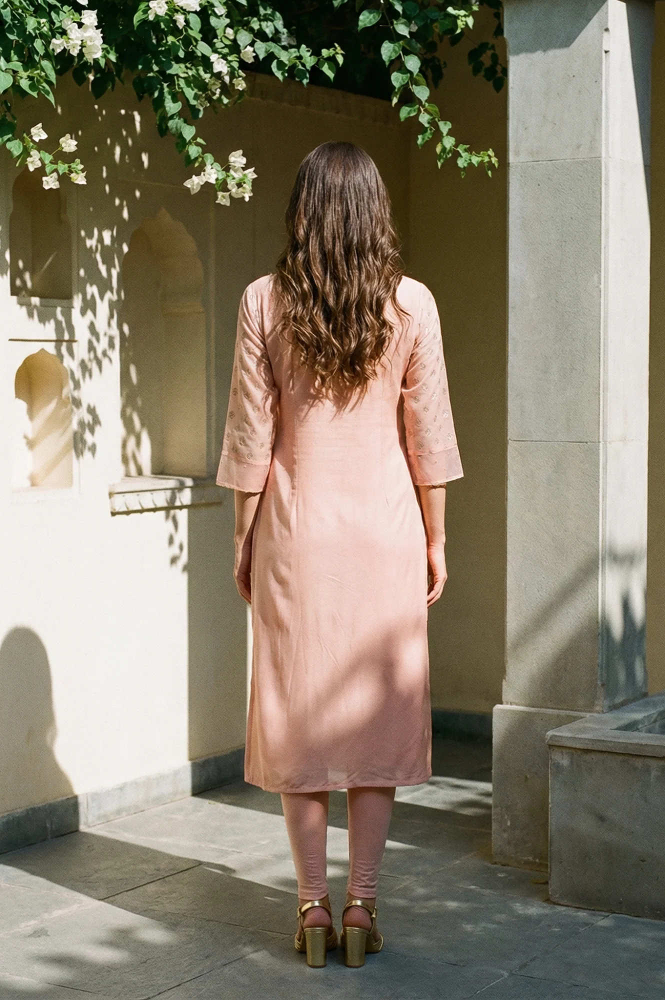 Peach Glitter Printed Rayon Straight Kurta with Embroidered Neck - Image 4