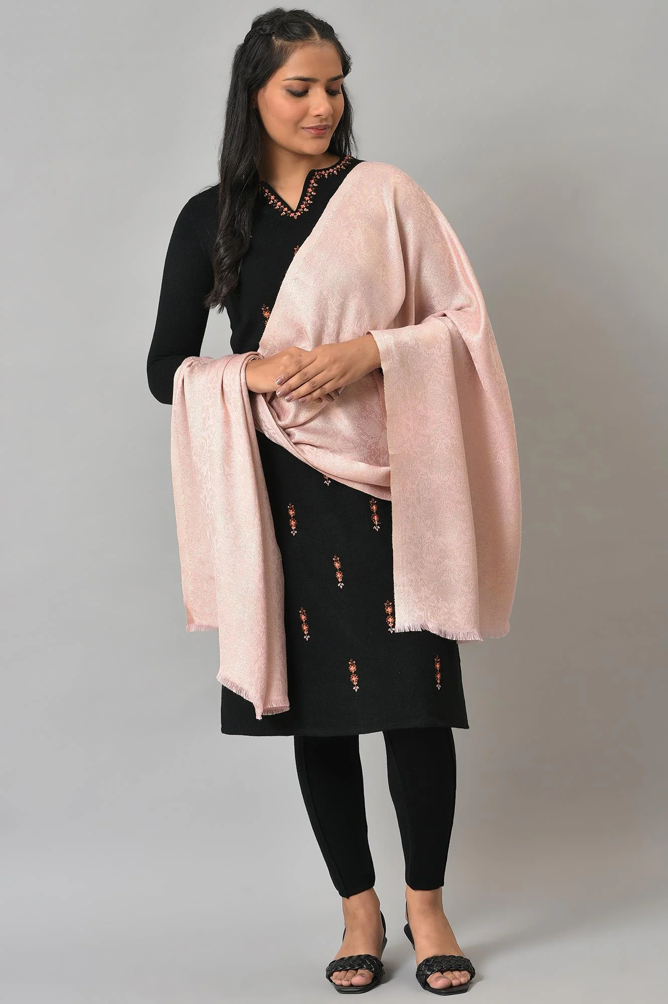 Peach Lurex Jacquard Winter Shawl - Image 2