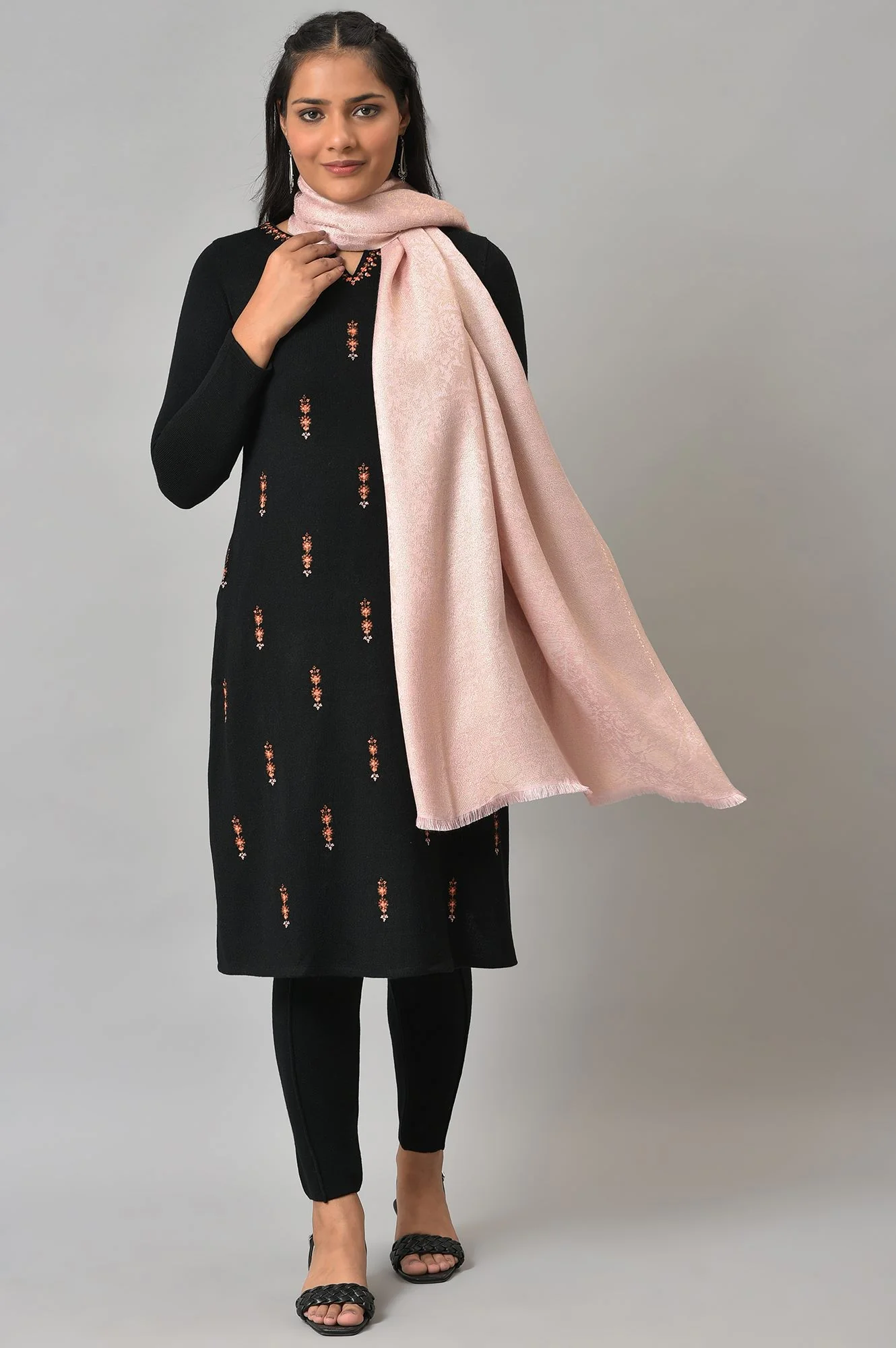 Peach Lurex Jacquard Winter Shawl - Image 3