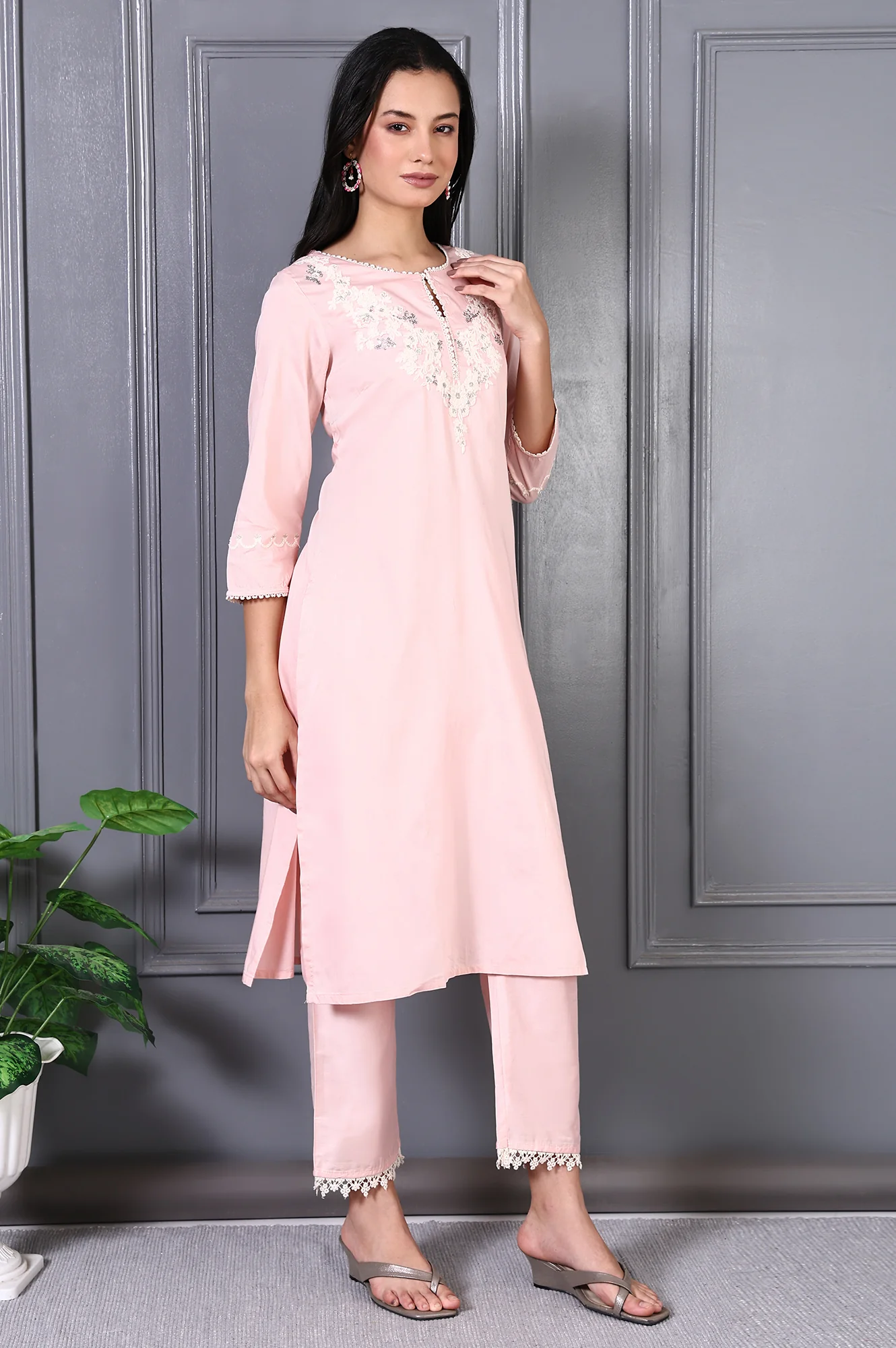 Peach Printed Thread Embroidered A-line Kurta Set - Image 6