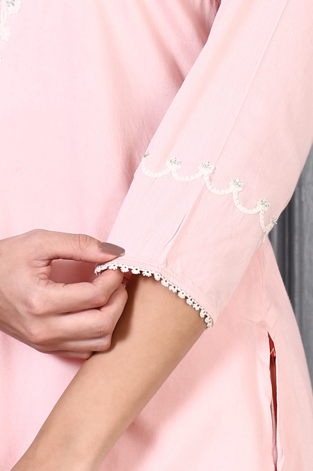 Peach Printed Thread Embroidered A-line Kurta Set - Image 7