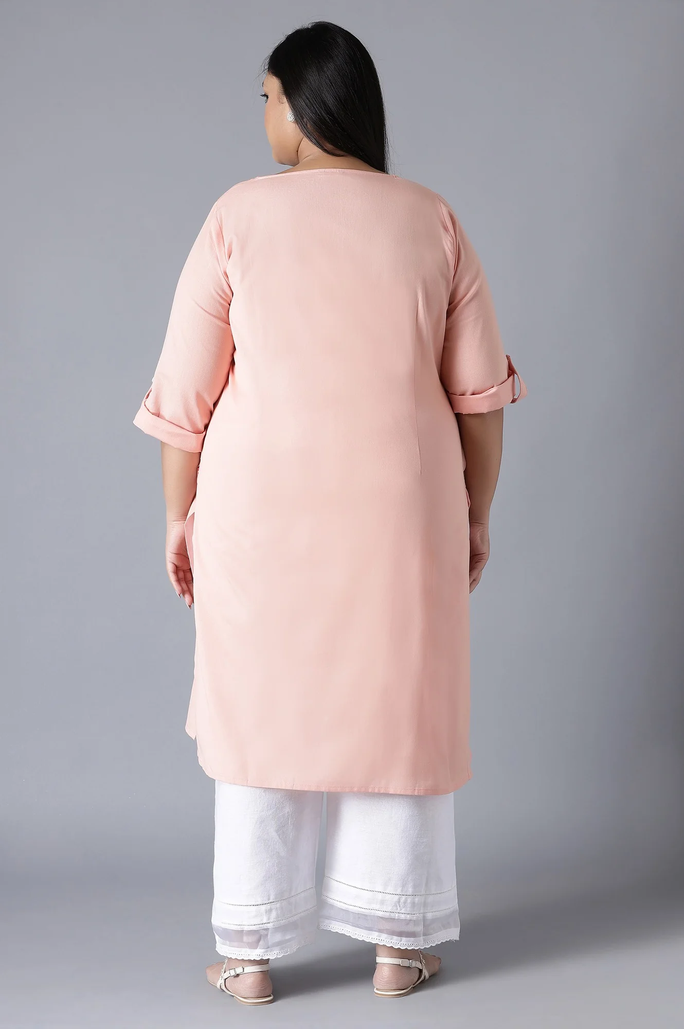 Peach Round Neck Solid kurta - Image 2