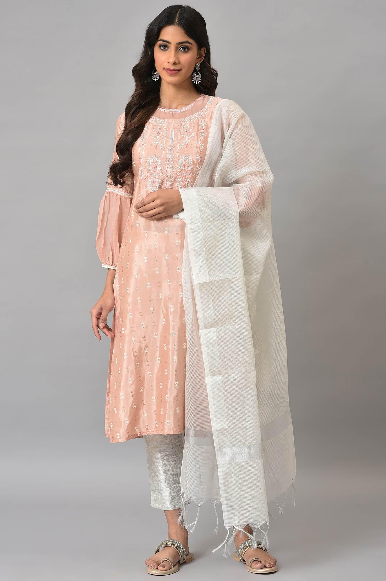 Peach Shantung Embroidered kurta With Silver Slim Pants And Kota Dupatta