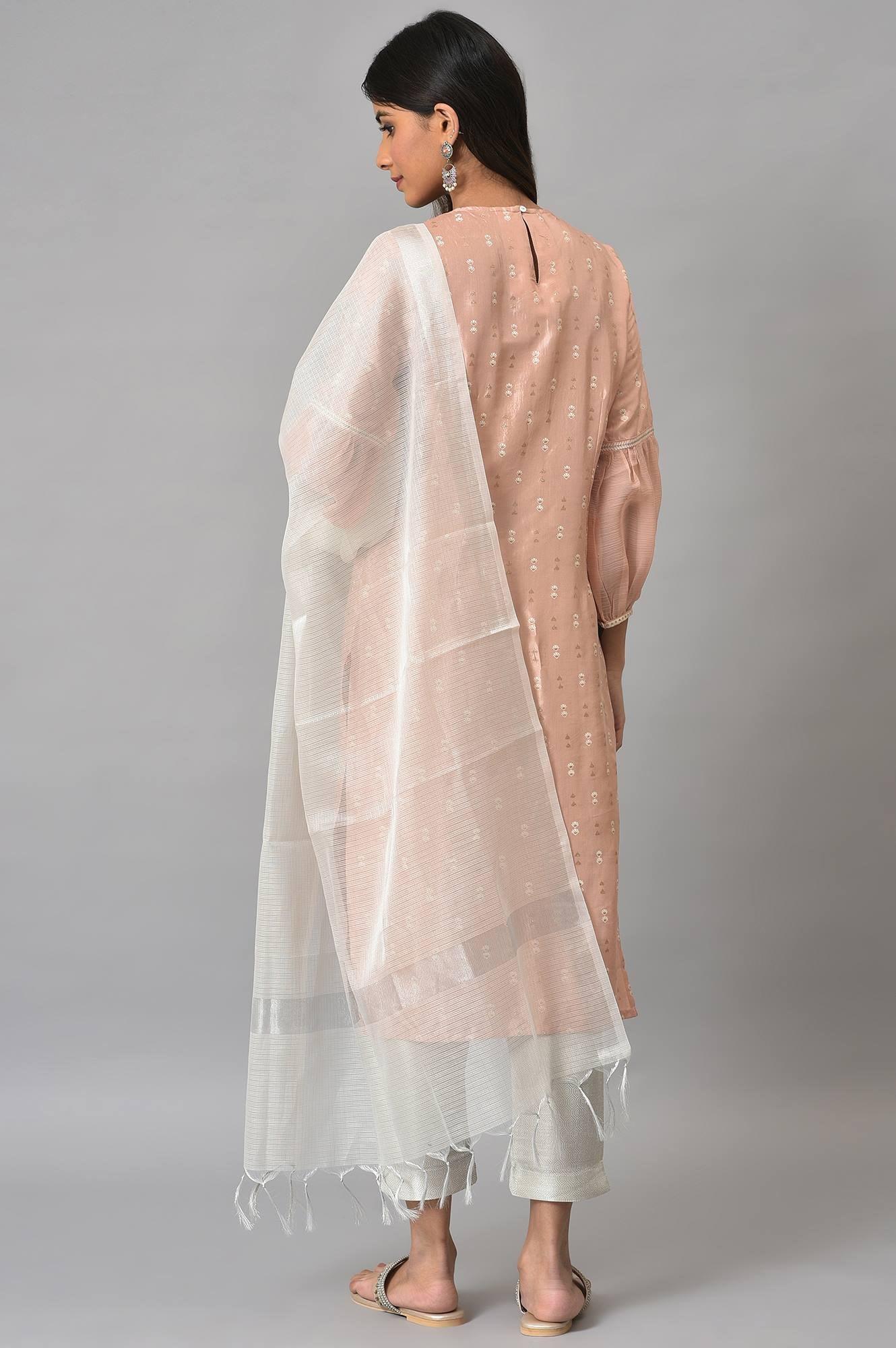 Peach Shantung Embroidered kurta With Silver Slim Pants And Kota Dupatta - Image 2