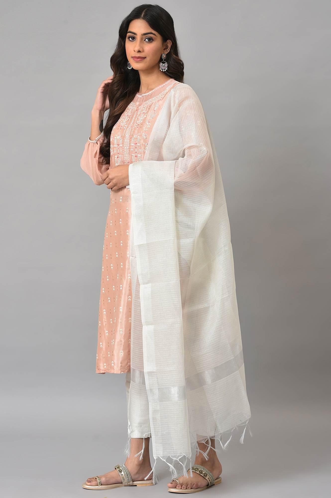 Peach Shantung Embroidered kurta With Silver Slim Pants And Kota Dupatta - Image 3
