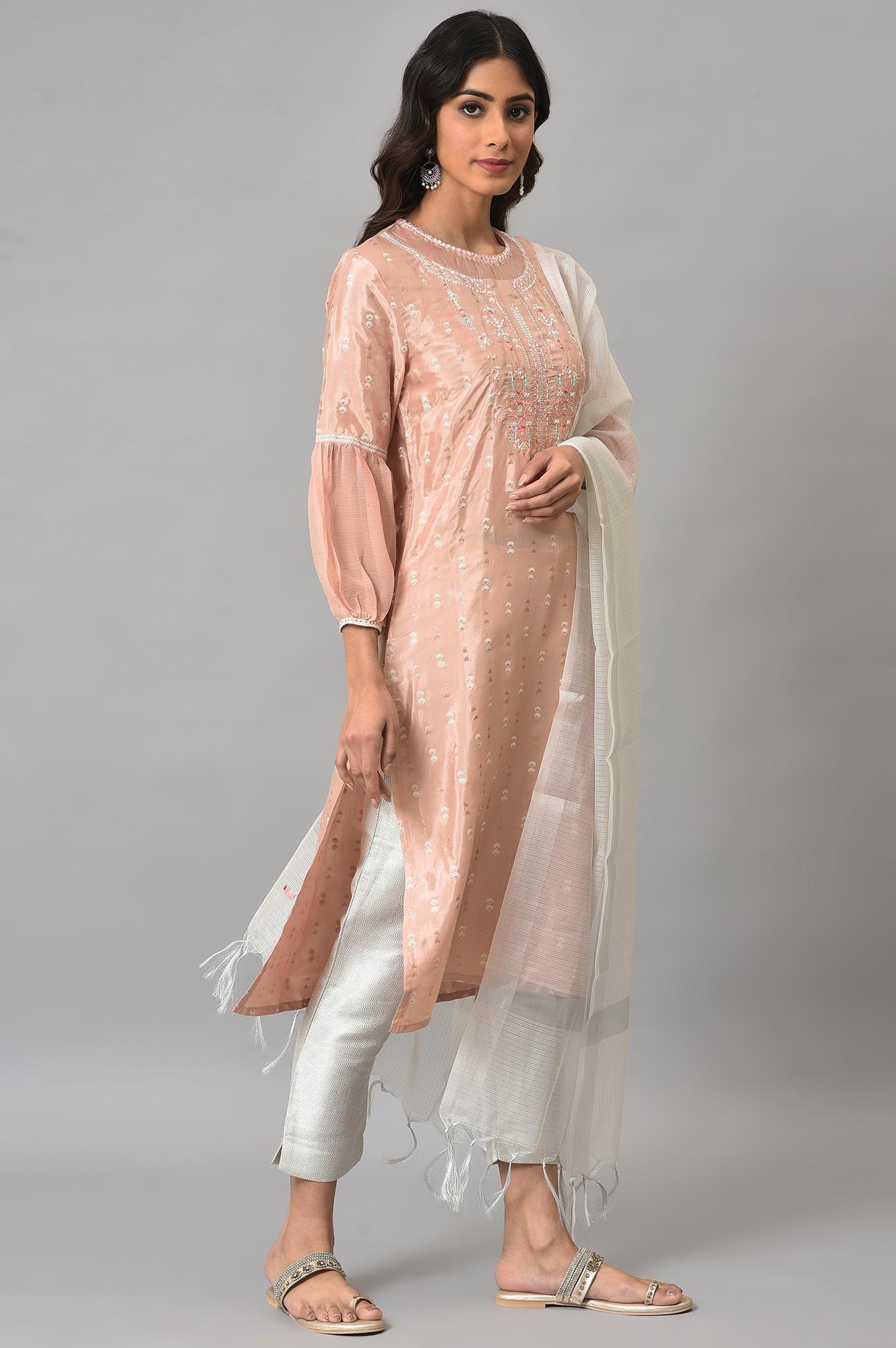 Peach Shantung Embroidered kurta With Silver Slim Pants And Kota Dupatta - Image 4