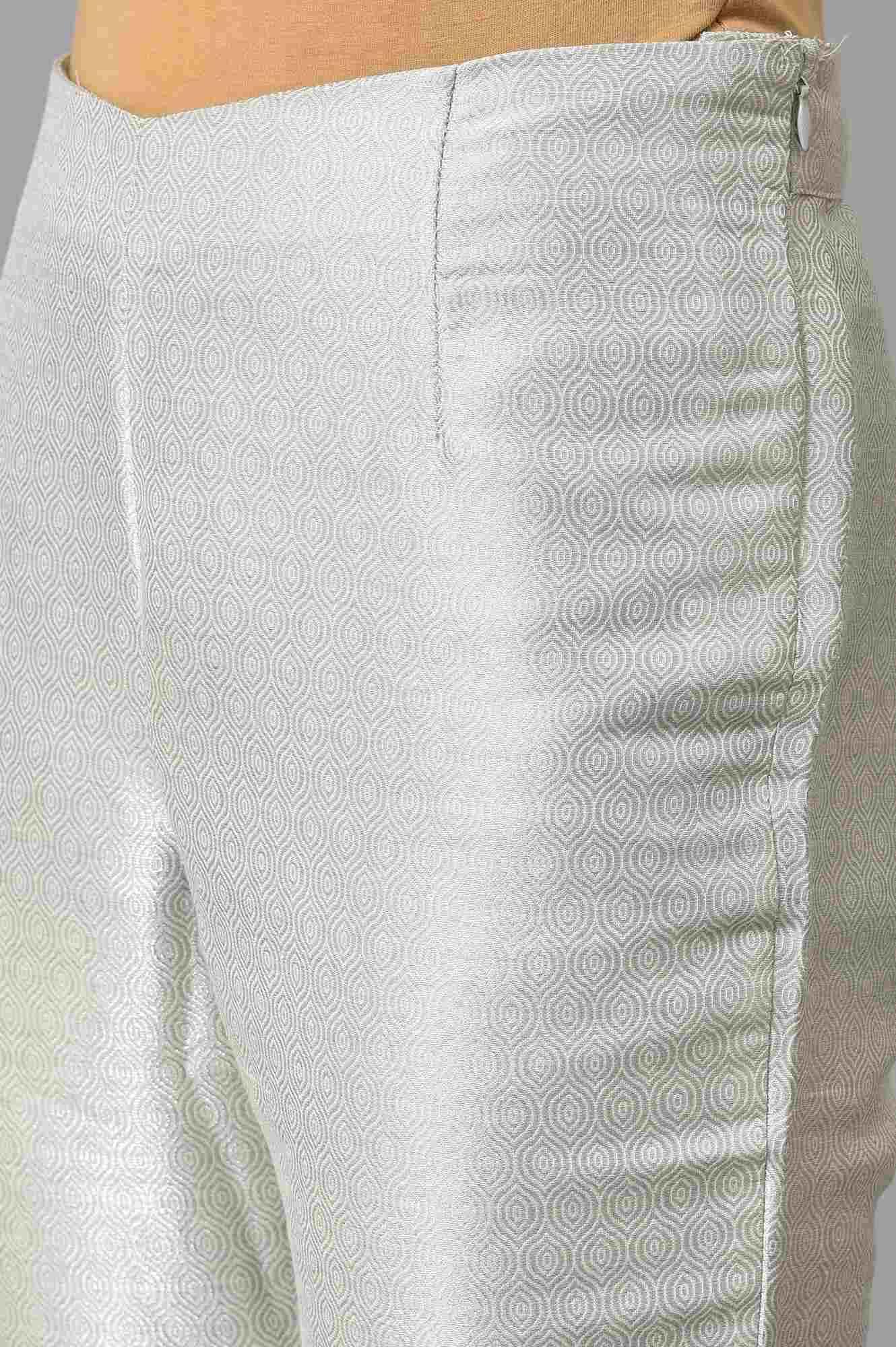 Peach Shantung Embroidered kurta With Silver Slim Pants And Kota Dupatta - Image 7