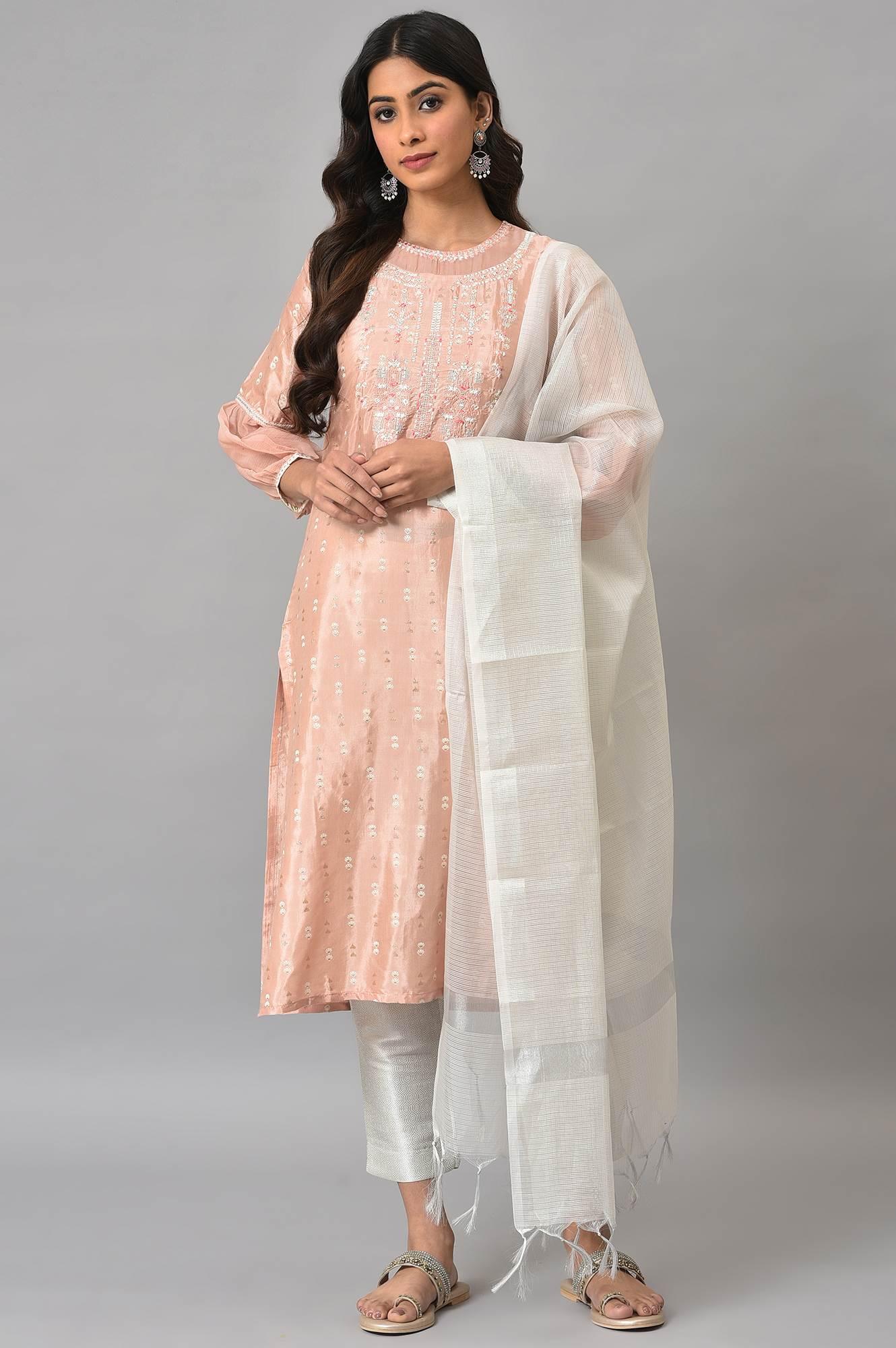 Peach Shantung Embroidered kurta With Silver Slim Pants And Kota Dupatta - Image 9