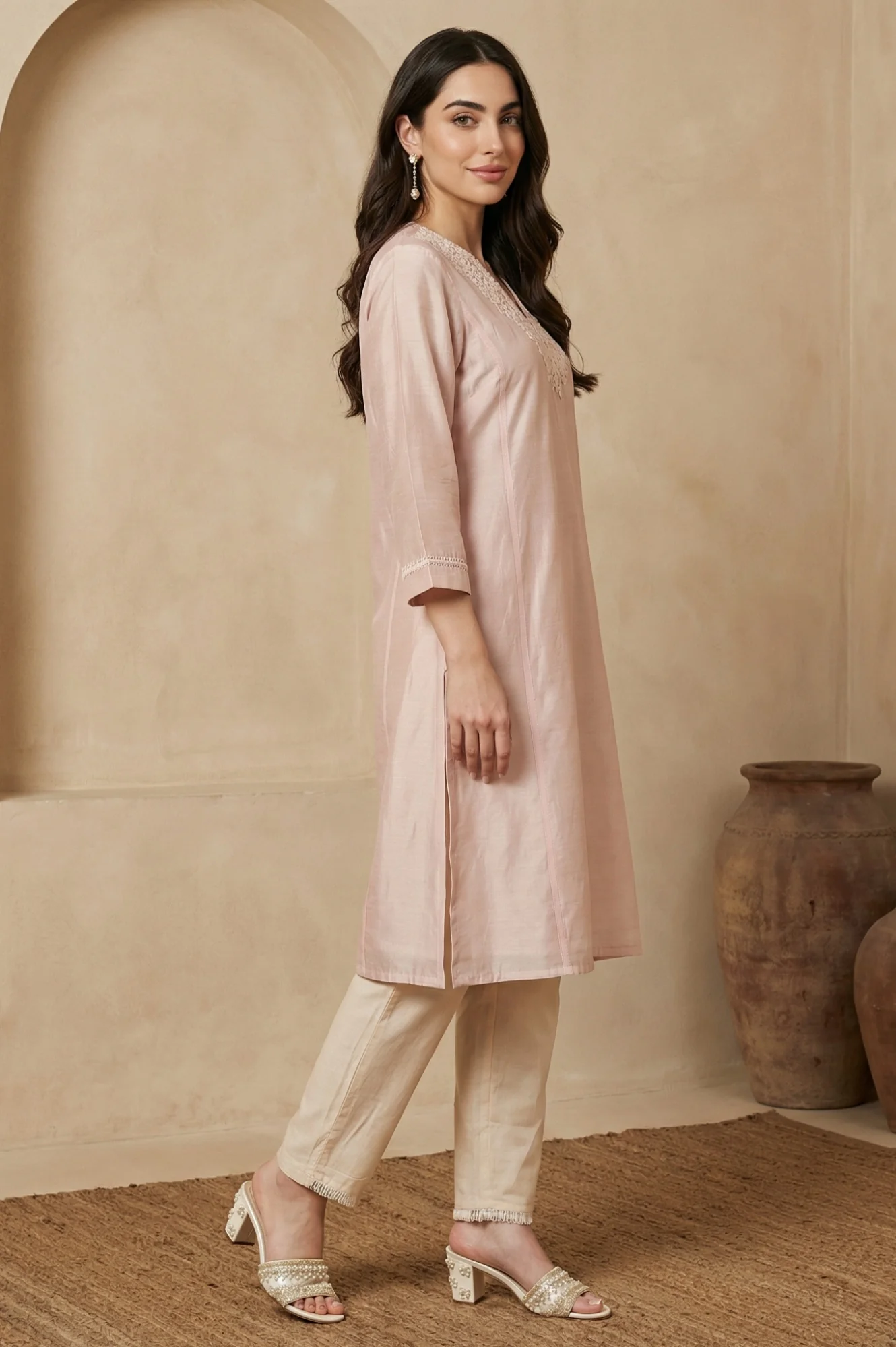 Peach Yarn Dyed Chikankari Embroidered Straight Kurta - Image 6