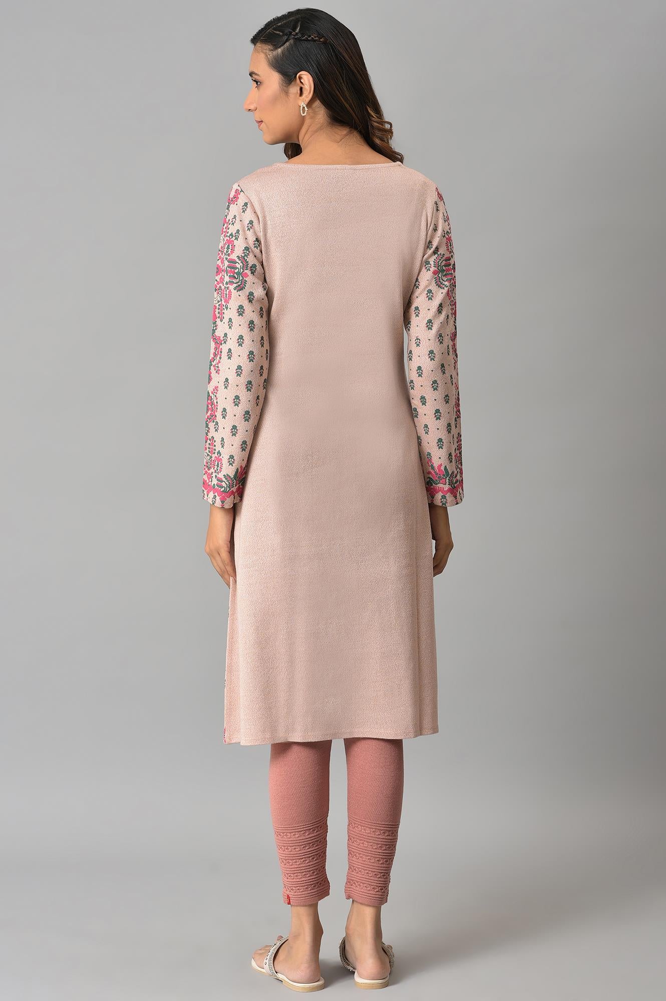 Pink A-Line Floral Printed Winter kurta In V-Neck - Image 2