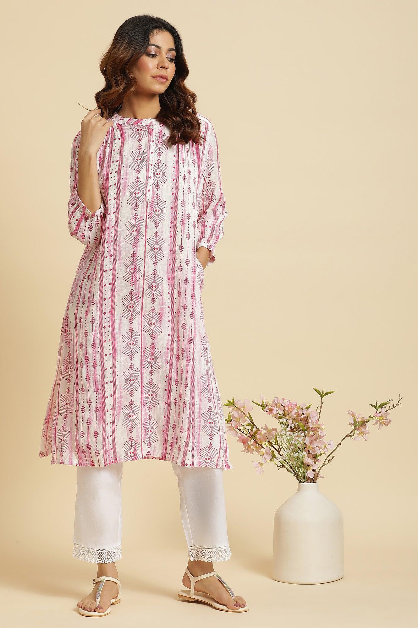 White and Pink Abstract Printed Mandarin Collar Straight Kurta - Image 2