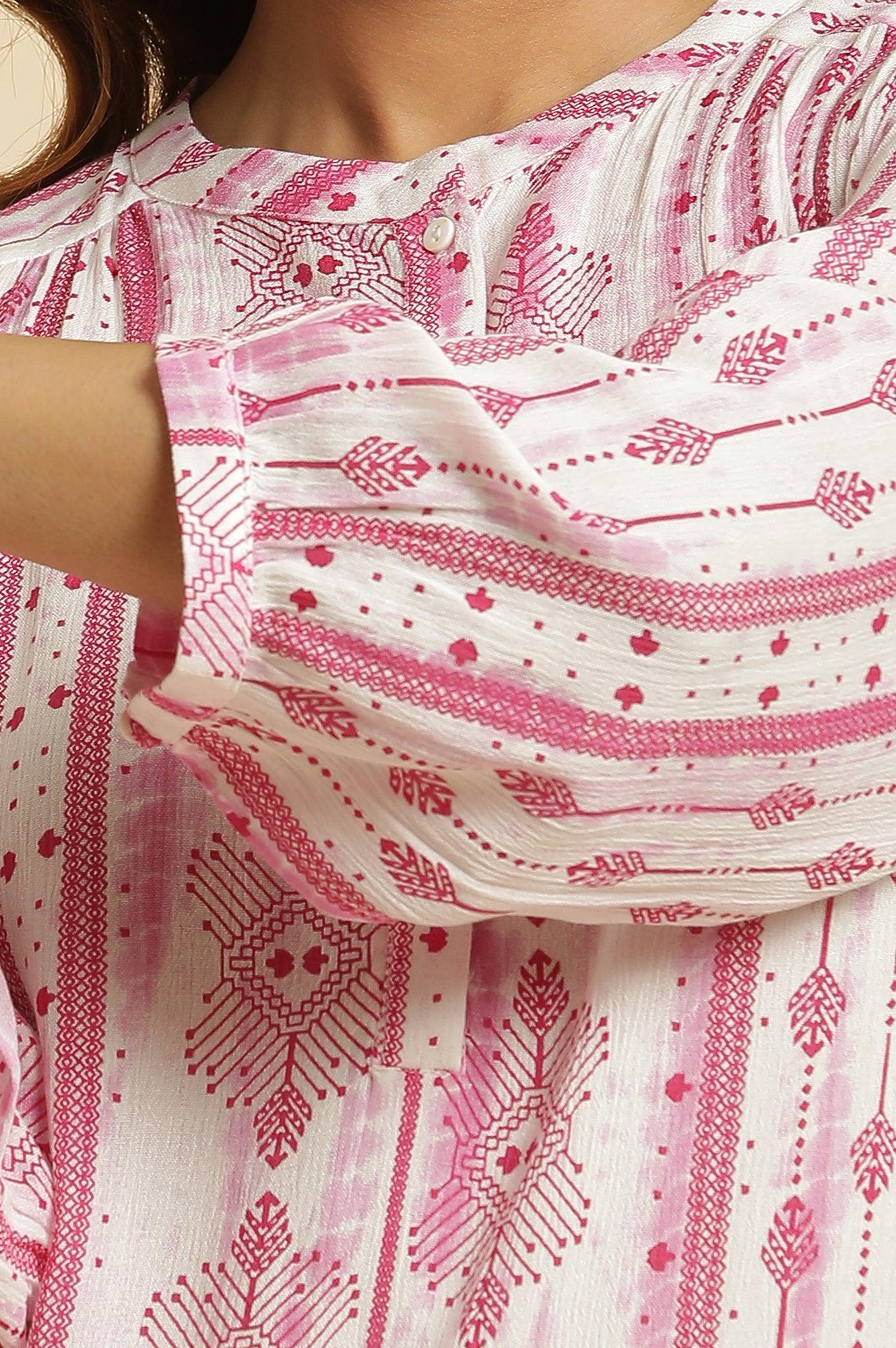 White and Pink Abstract Printed Mandarin Collar Straight Kurta - Image 8