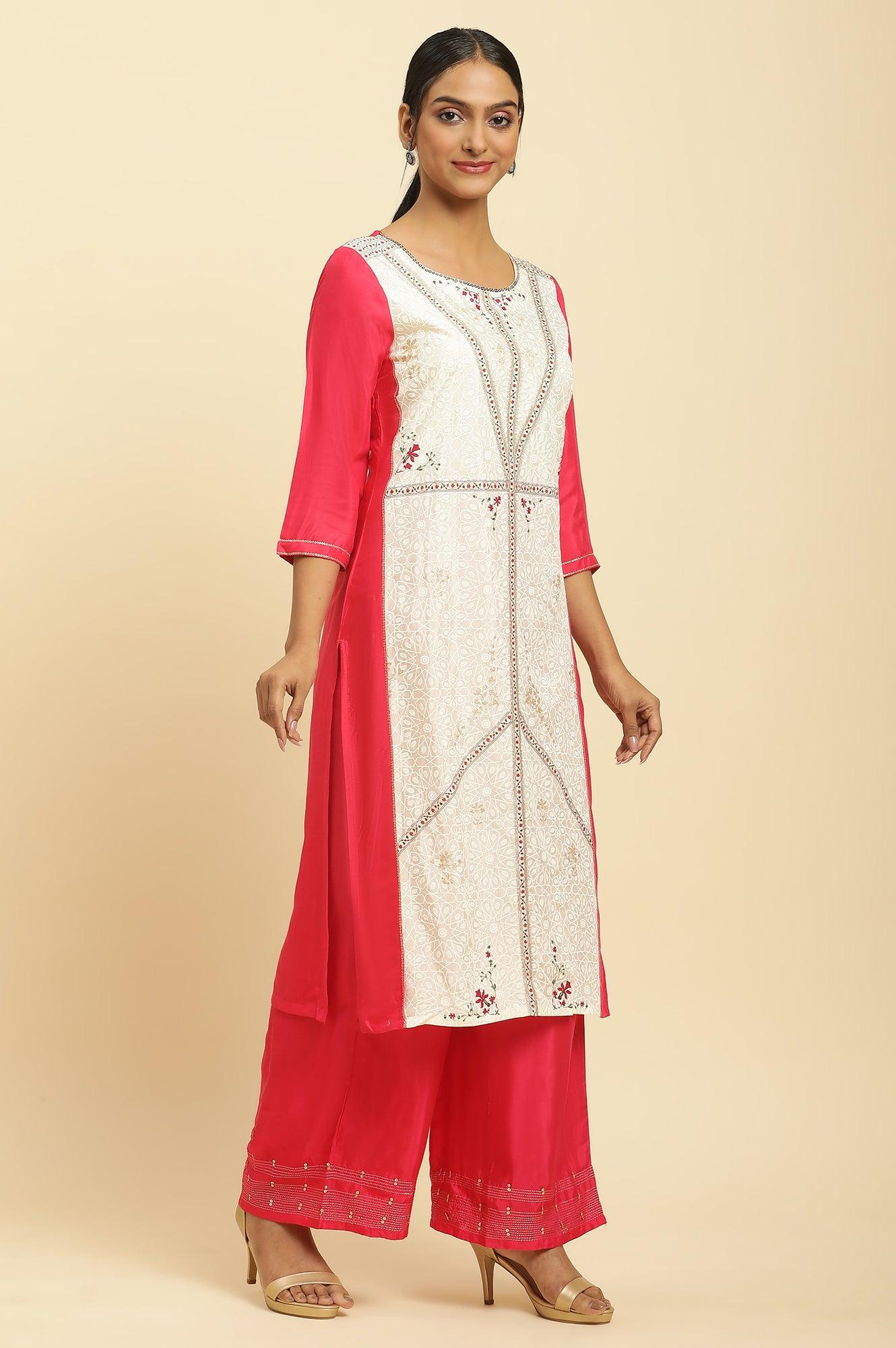 Pink And Ecru Straight Kurta And Parallel Pants Set - Image 5