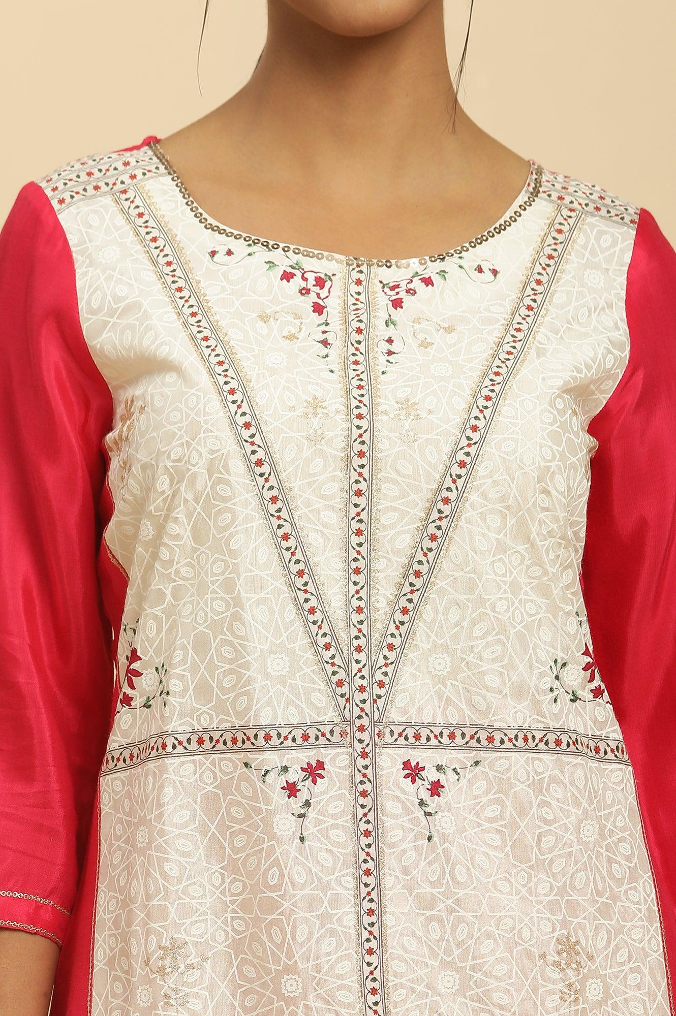 Pink And Ecru Straight Kurta And Parallel Pants Set - Image 6