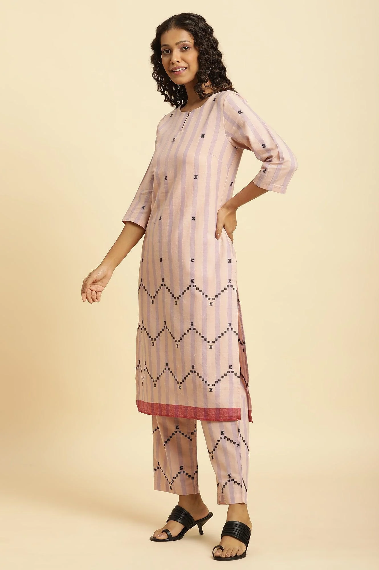 Pink And Purple Stripe Cotton Kurta And Pants Co-Ord Set - Image 3