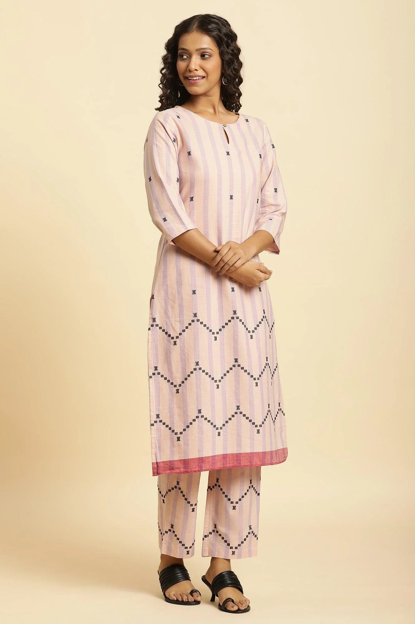 Pink And Purple Stripe Cotton Kurta And Pants Co-Ord Set - Image 5