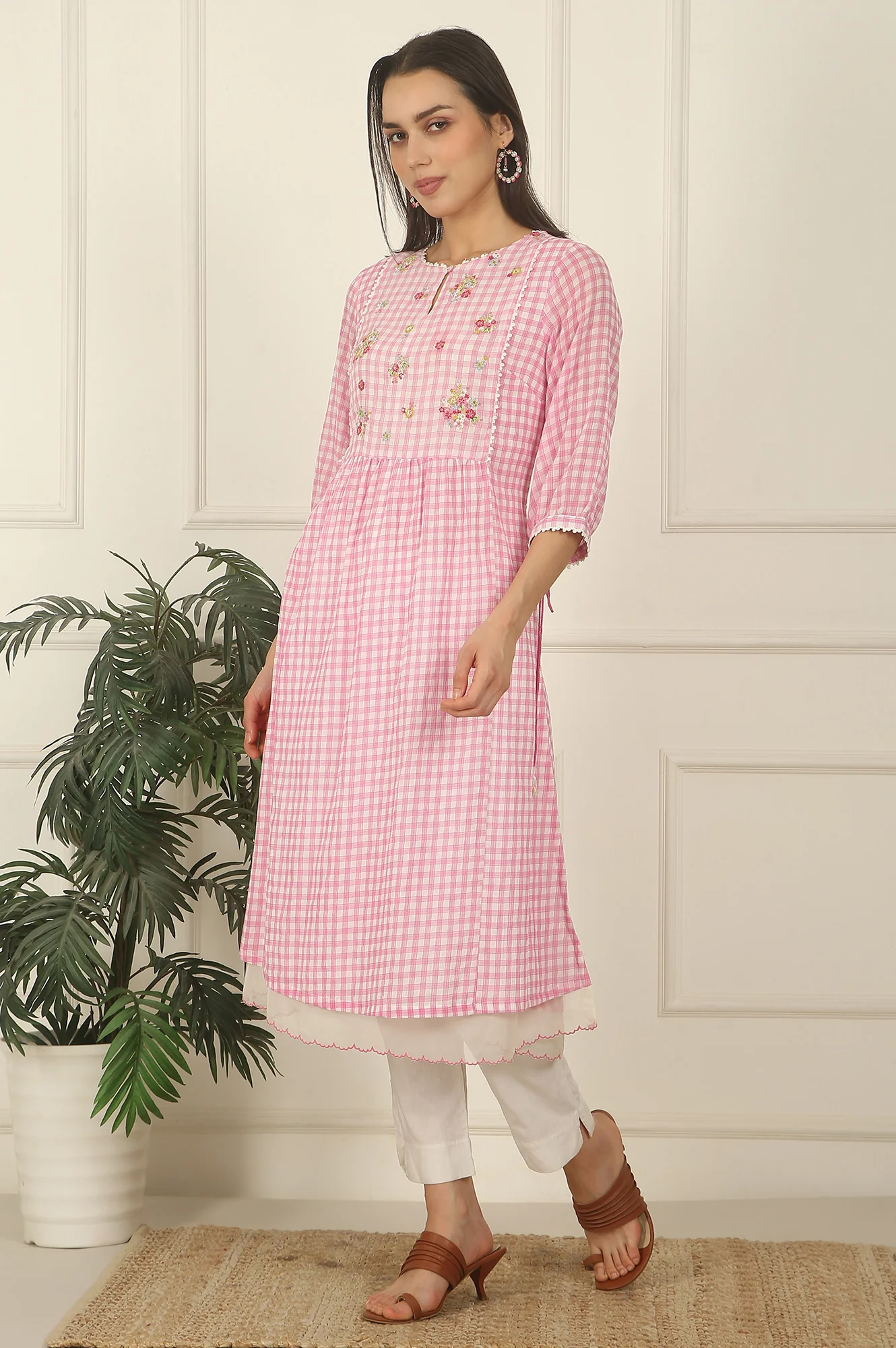 Pink and White Checker Cotton Crepe A-line Kurta with Embroidered Yoke - Image 5