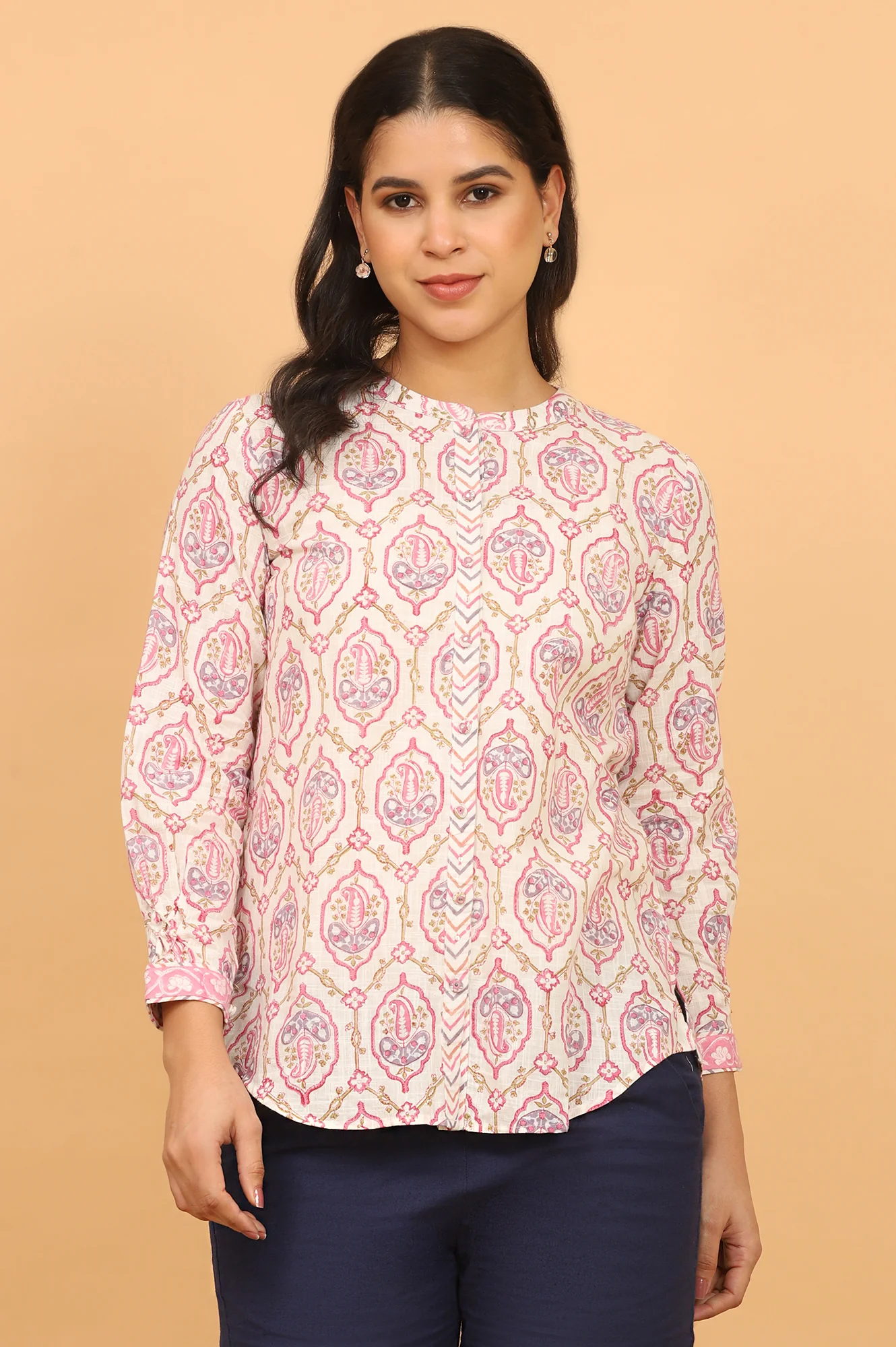 Pink and White Handblock Printed Shirt - Image 2